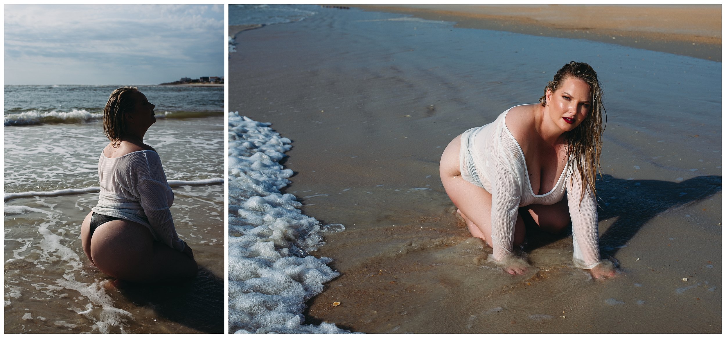 Boudoir client poses in white top in sand at St. Augustine Beach in Florida
