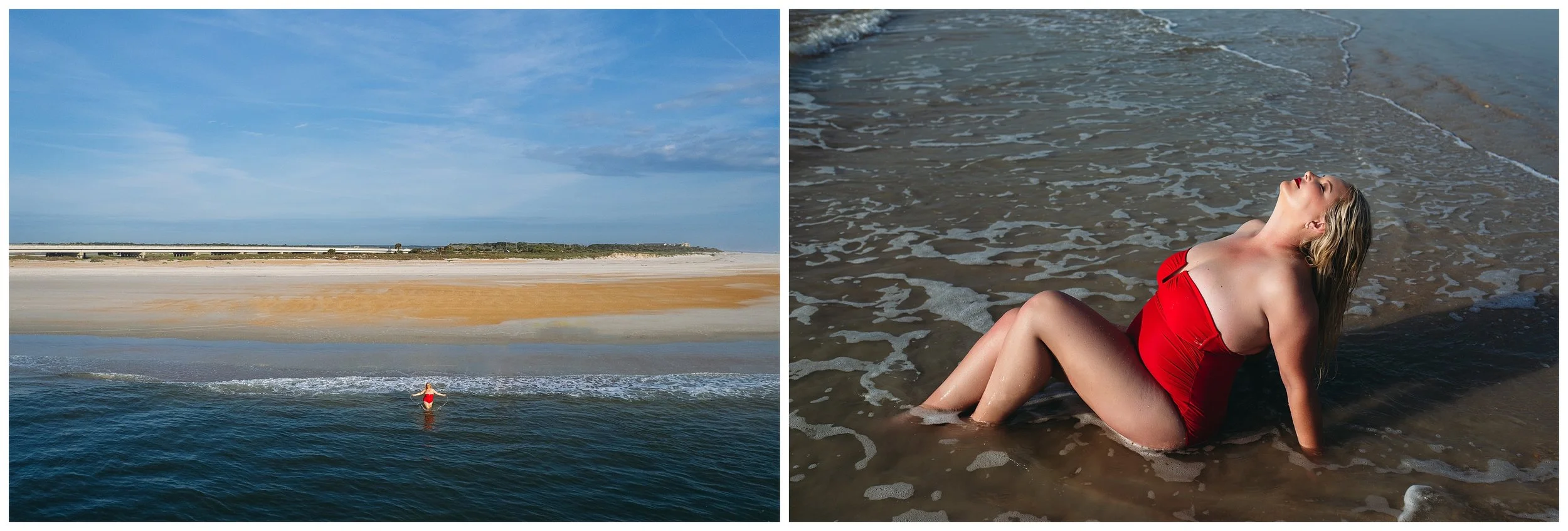 Wide shot of St. Augustine beach boudoir session with open shoreline and calm morning ocean