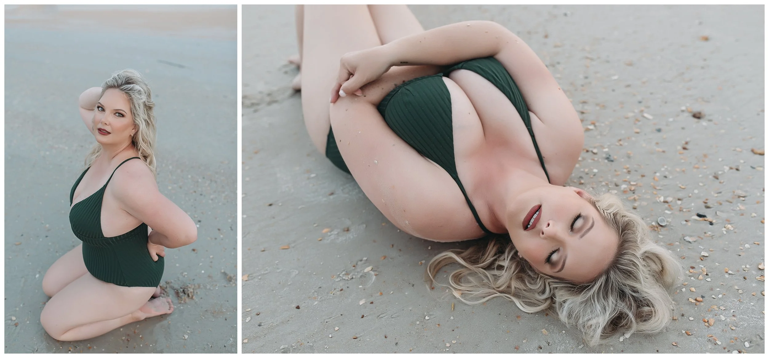 St. Augustine beach boudoir session at sunrise with soft ocean light as she lays in the sand