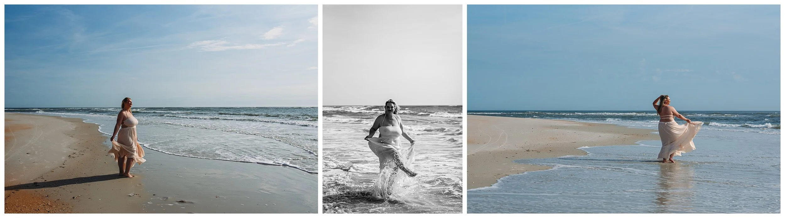 Natural movement during St. Augustine Florida beach boudoir session with flowing fabric and breeze as she kicks the water