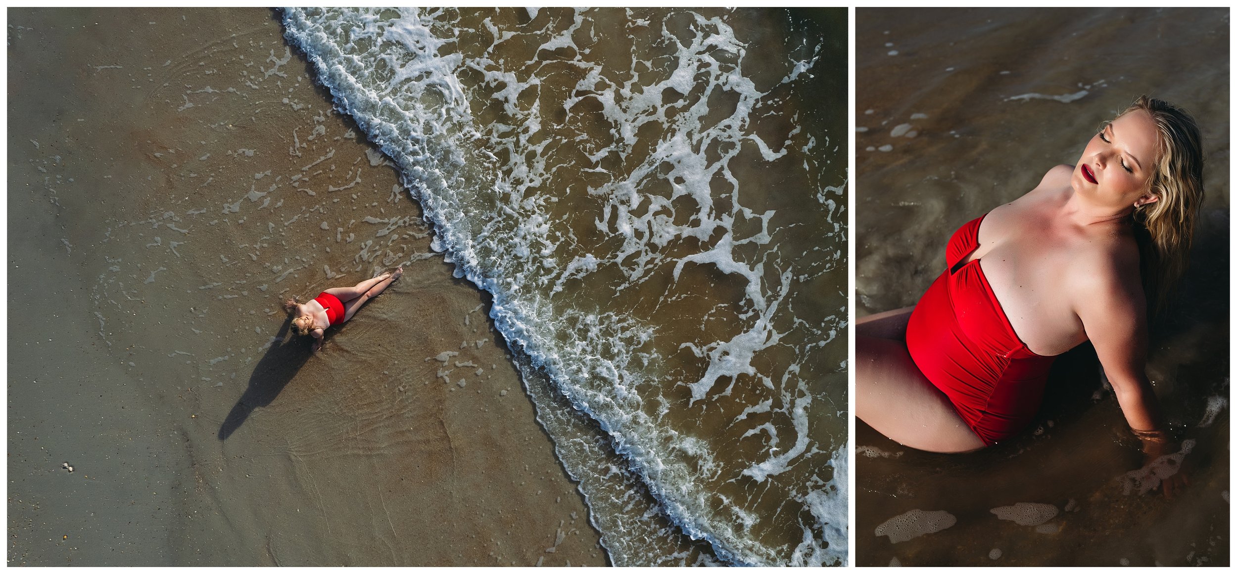 Woman on St. Augustine Beach in red bathing suit posing during photoshoot