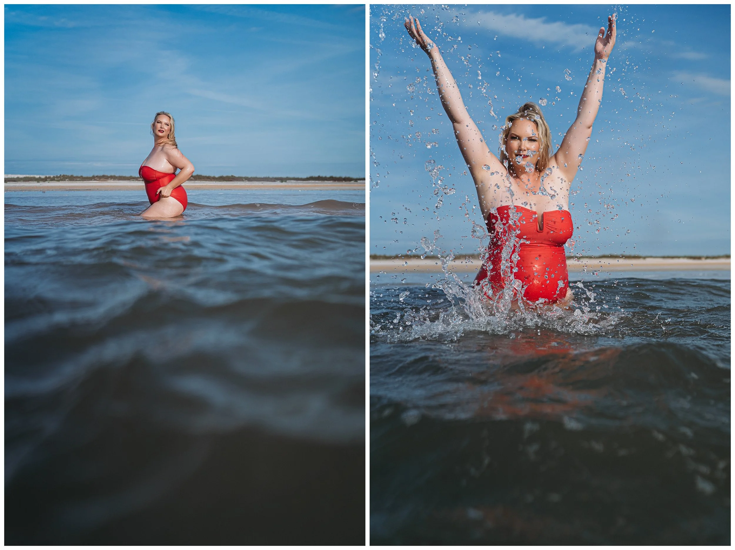 Playful candid moment during St. Augustine beach boudoir photoshoot in water