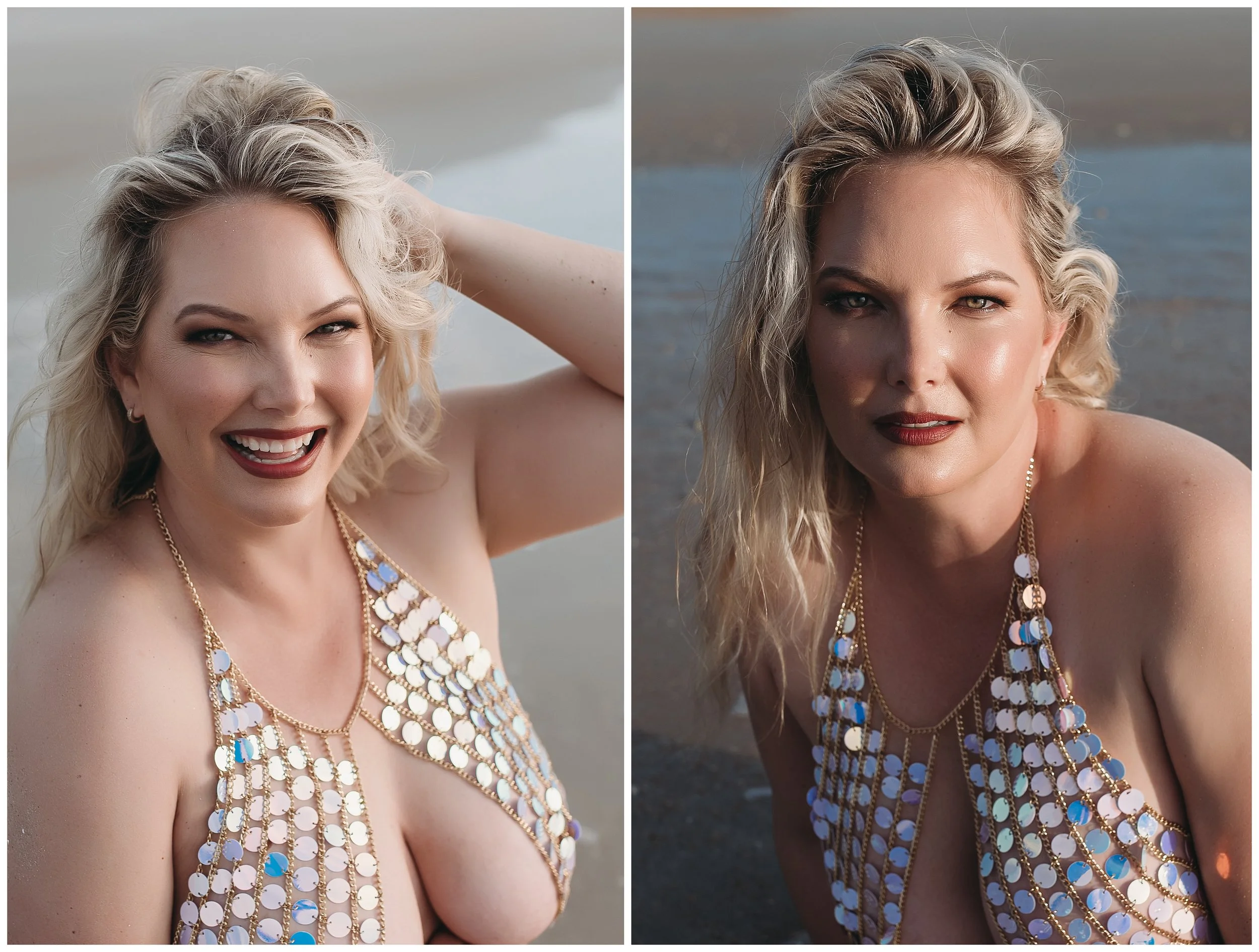 Close-up boudoir portrait with natural light during St. Augustine beach sunrise session in a shiny top