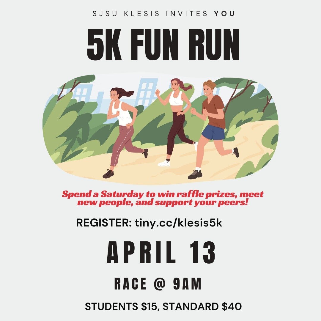 🏃&zwj;♀️ Join us for the Klesis 5K fun run on 4/13 (Saturday) at 9am at the SJSU campus (meet at MLK library)! 🏃&zwj;♂️5 students from Klesis are going on a mission trip this summer to Japan and Taiwan, so this event is to help them fundraise money