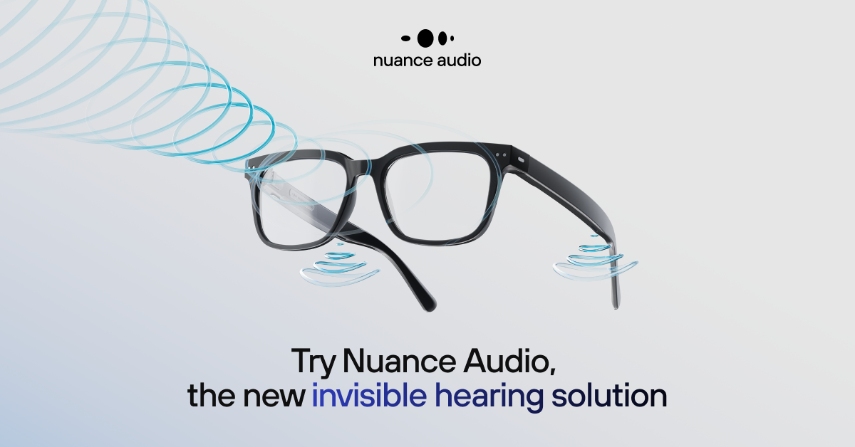 Nuance Audio smart glasses with integrated hearing assistance, featuring discreet speakers in the frame and graphic sound waves illustrating enhanced hearing.
