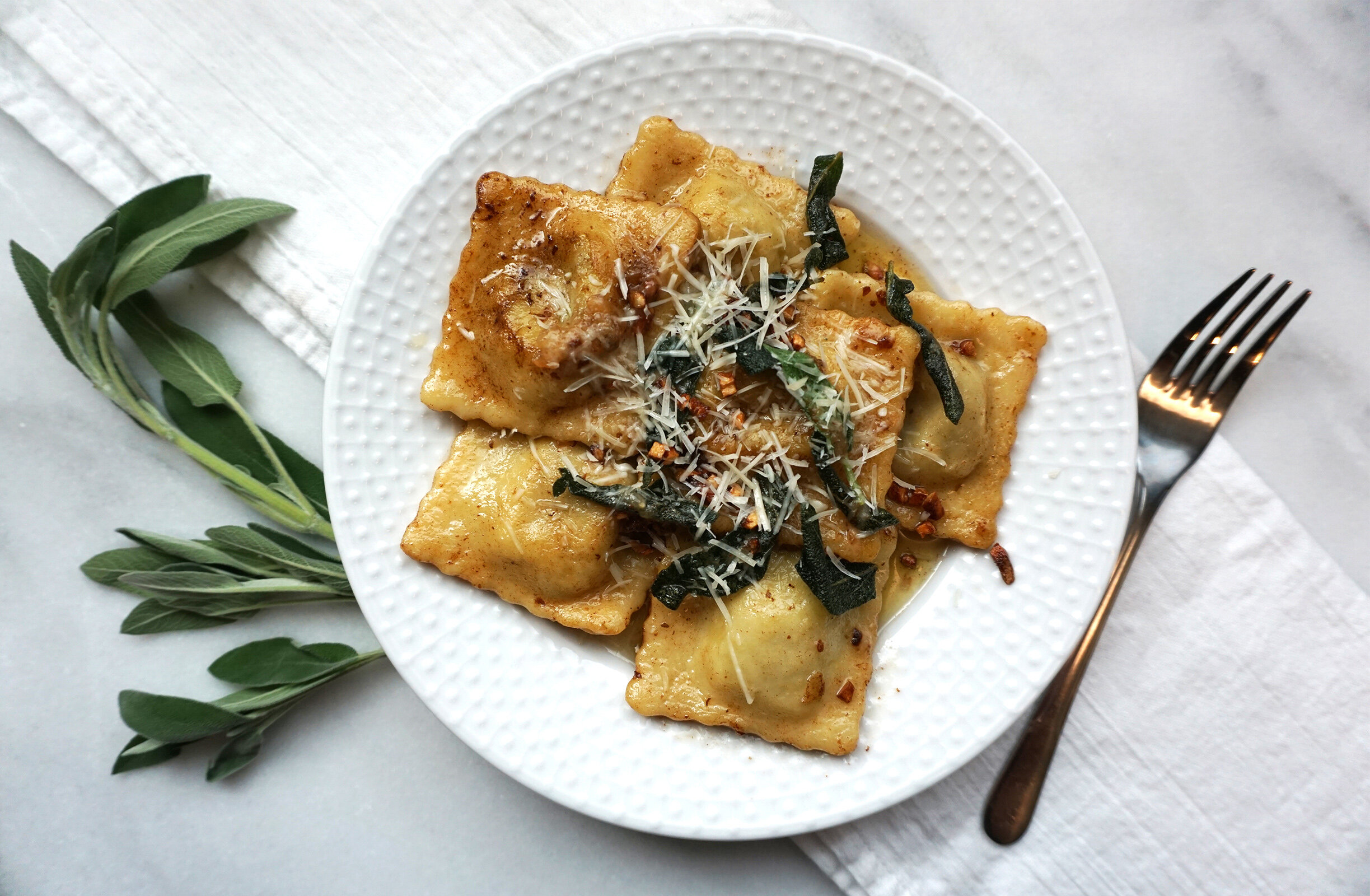 Spinach &amp; Ricotta Ravioli with Burnt Butter Sage Sauce | $35 AUD per person