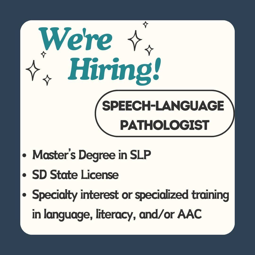 📣We are looking for a Speech-Language Pathologist to join our clinical team! 📣⁣
⁣
Applicants must:⁣
✔have a Master's Degree in SLP from an accredited graduate program⁣
✔hold their Speech-Language Pathologist licensure from the SD Board of Examiners