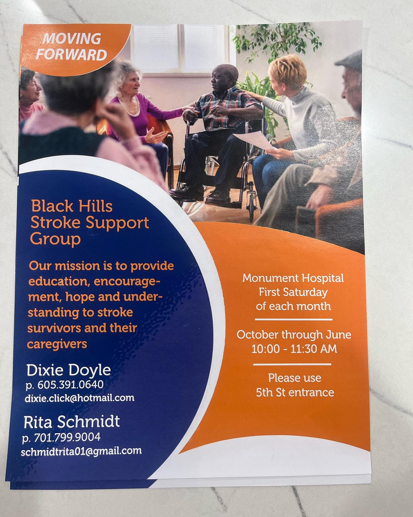 Black Hills Stroke Support Group dropped off some flyers with us! They are meeting this upcoming Saturday at Monument. Reach out to Rita or Dixie if you have any questions!