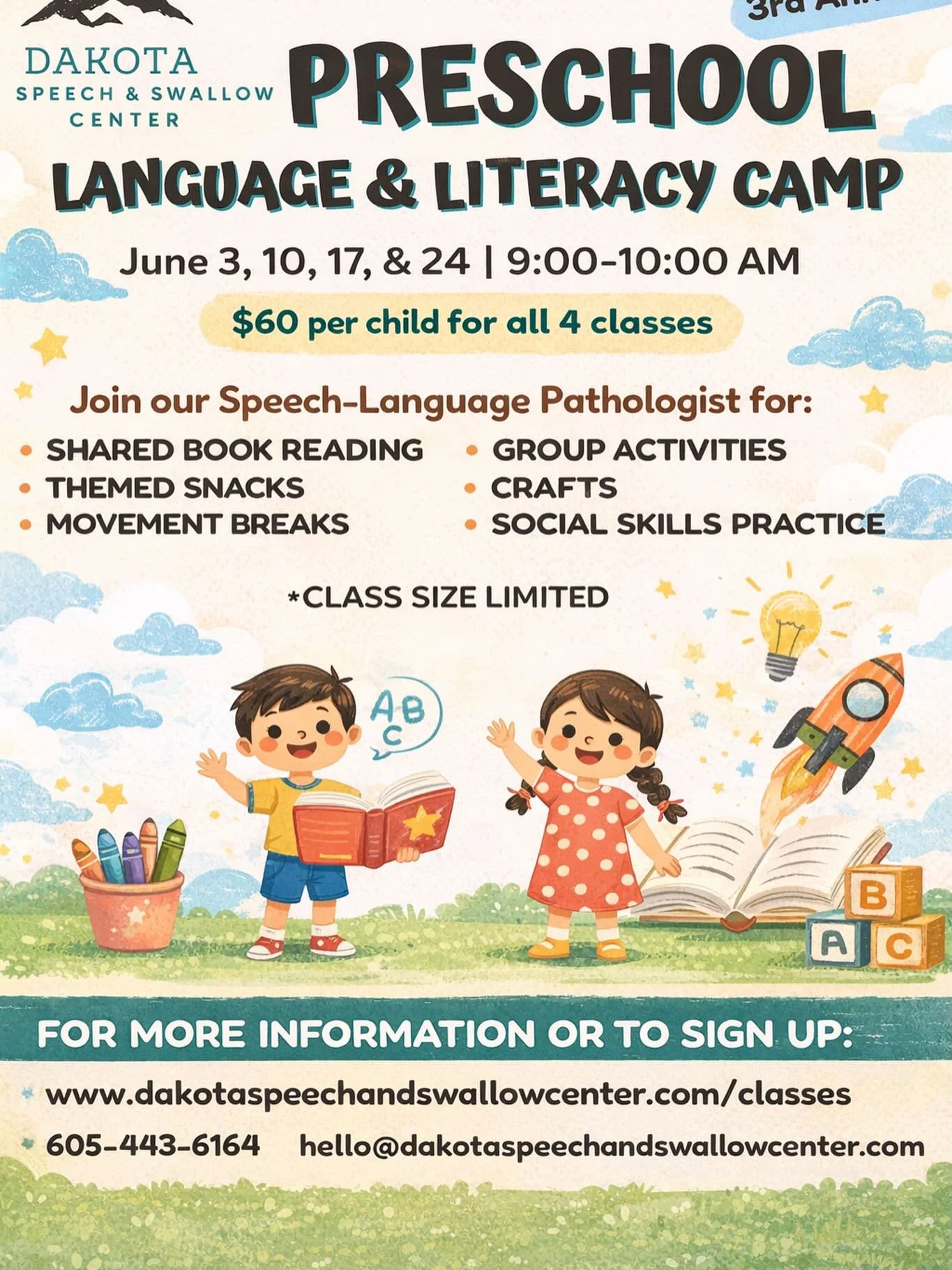 Our annual preschool camp returns in June! Reserve your spot today as they fill up quickly!  Call (605) 443-6164. This camp is one of our favorite events of the year! #dakotaspeechandswallowcenter