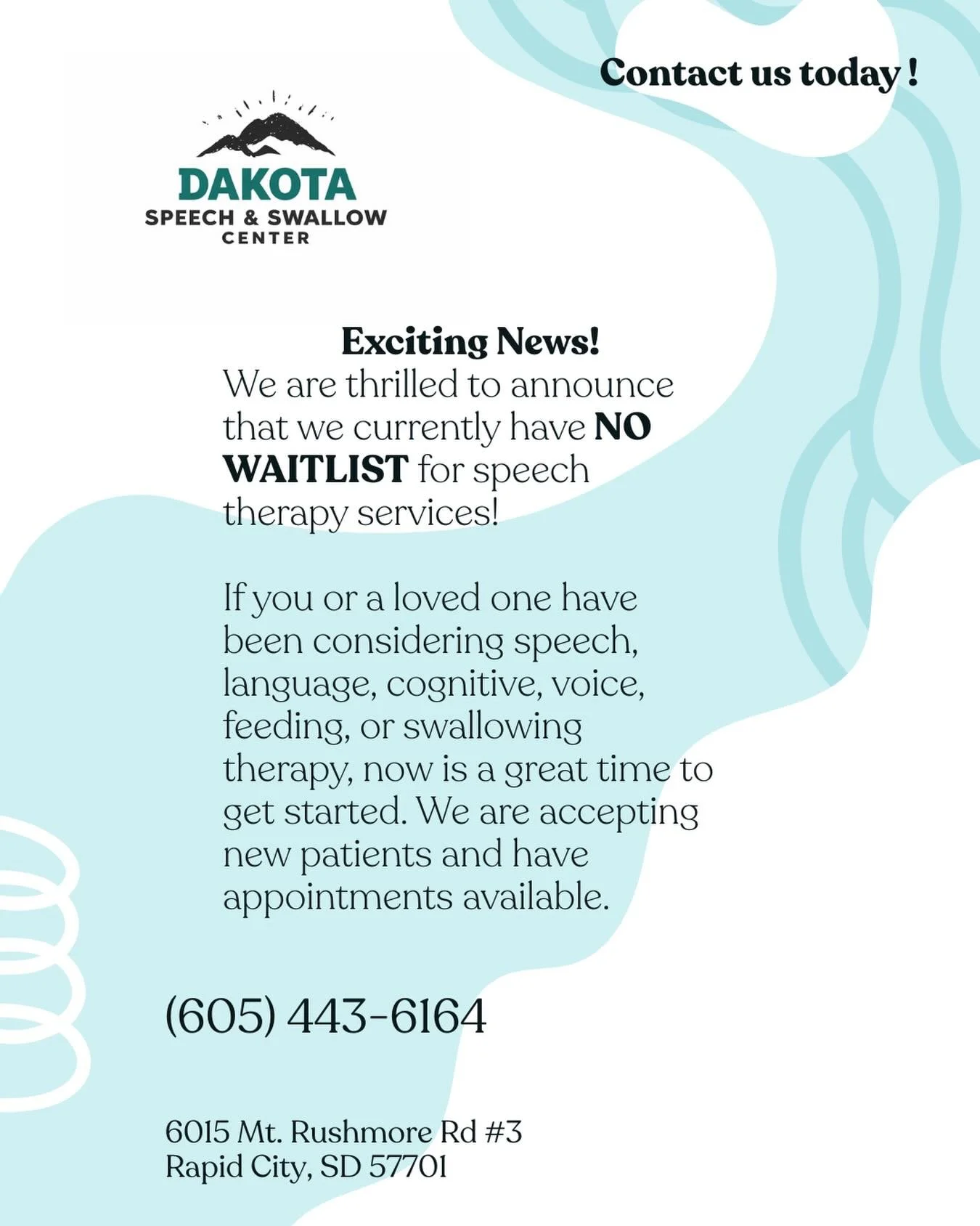 📢 For the FIRST time since we started this business, we do not have a wait list! 🙌 We hired incredible therapists to help us treat what our community needs. We are thrilled to finally be able to create more openings! #dakotaspeechandswallowcenter