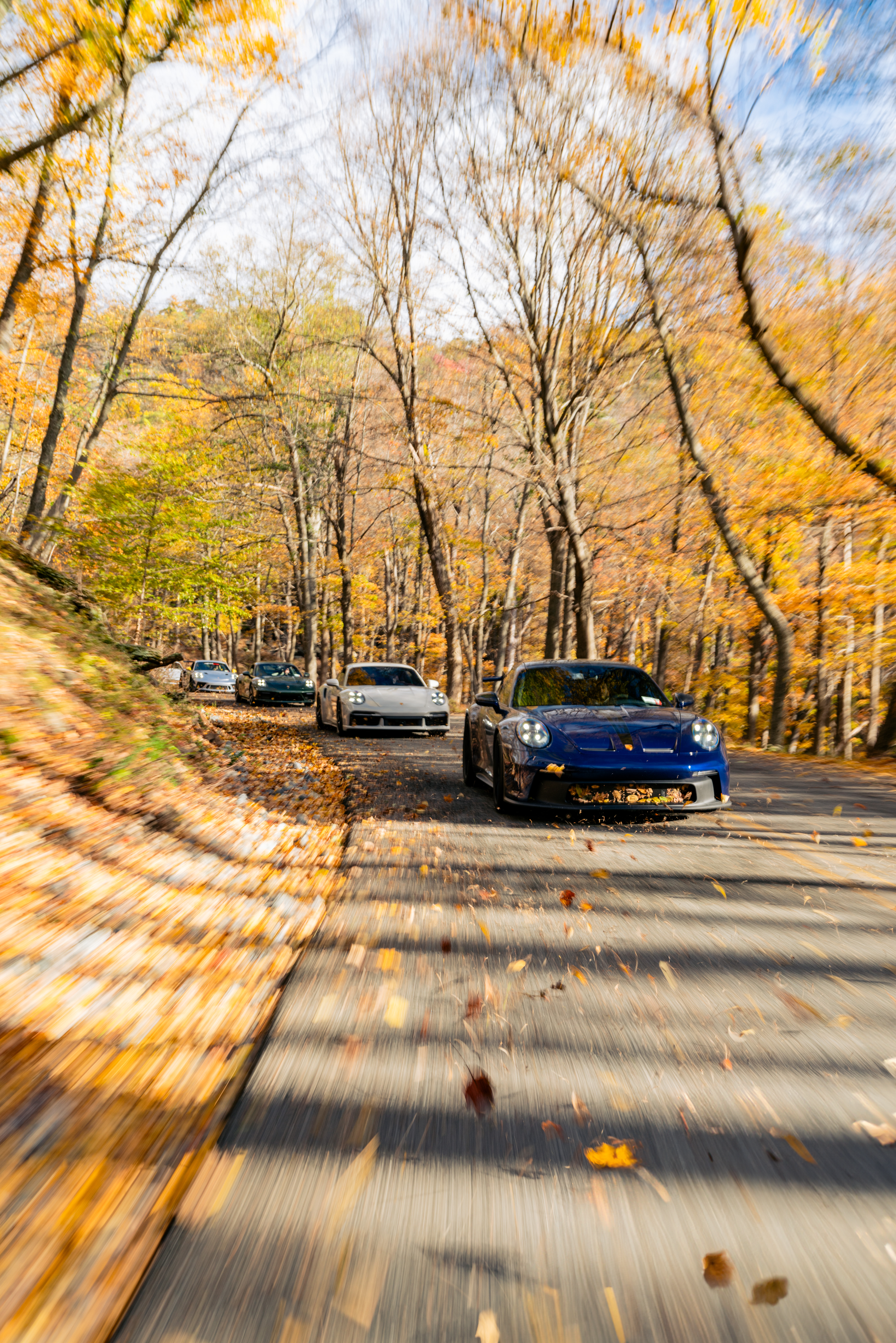 Cars driving on a winding road through a forest with fall foliage, with leaves falling and some blowing across the road.