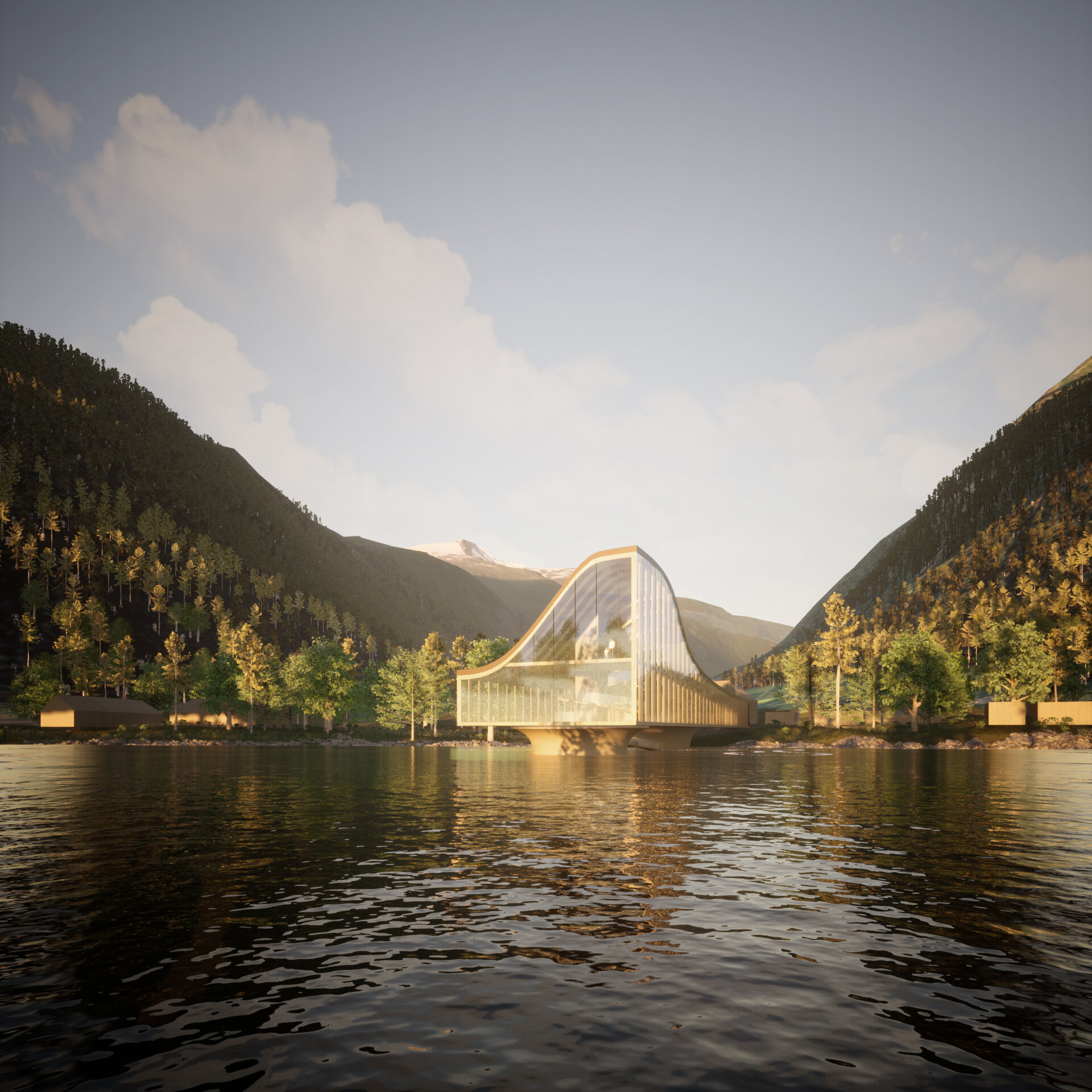  The volumetric shape of the roof adapts to the surrounding mountainsides and makes the building blend in with the scenery. 