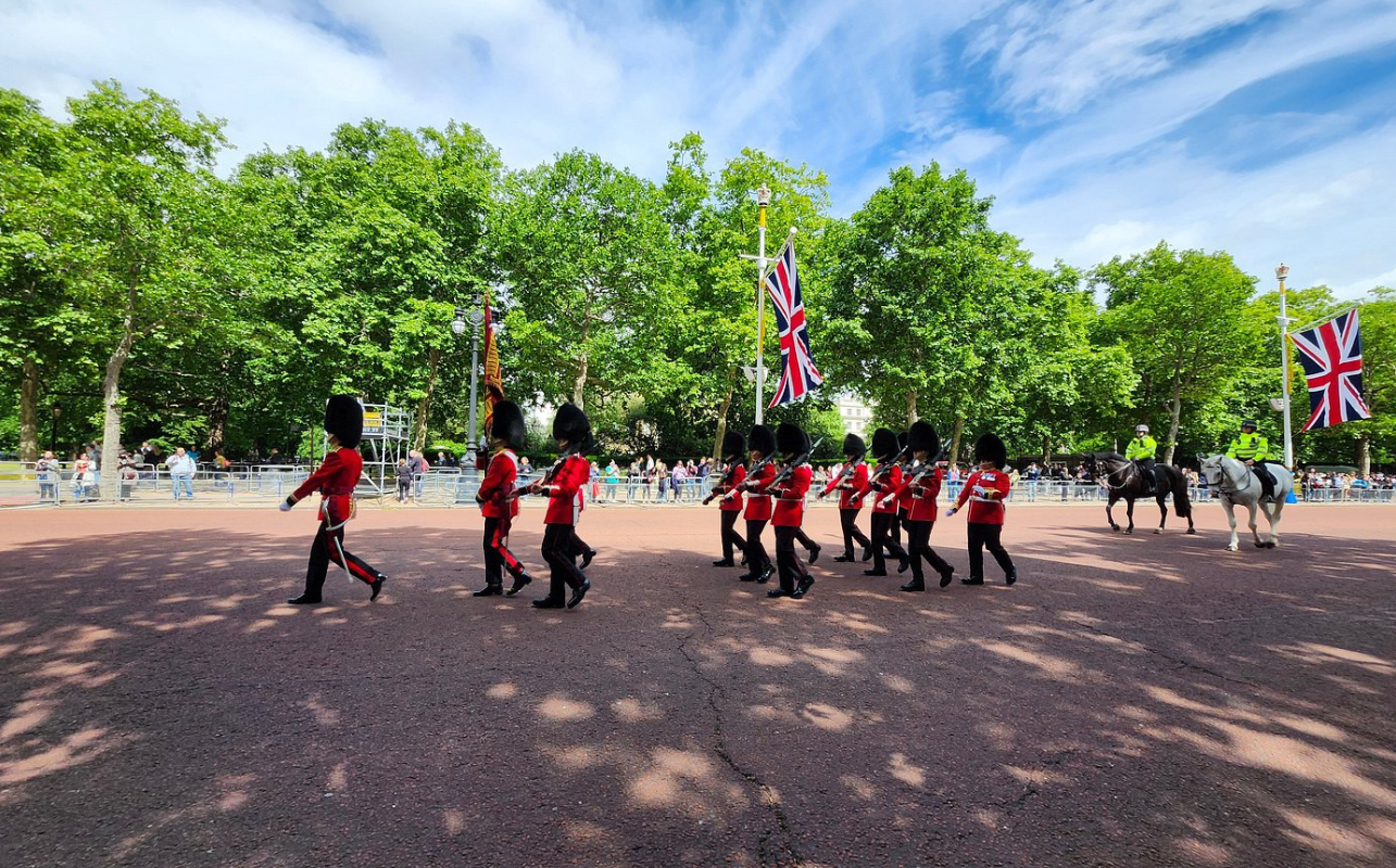 Changing of the Guard Tour in London with the Royal Guards marching from St James's Palace to Buckingham Palace