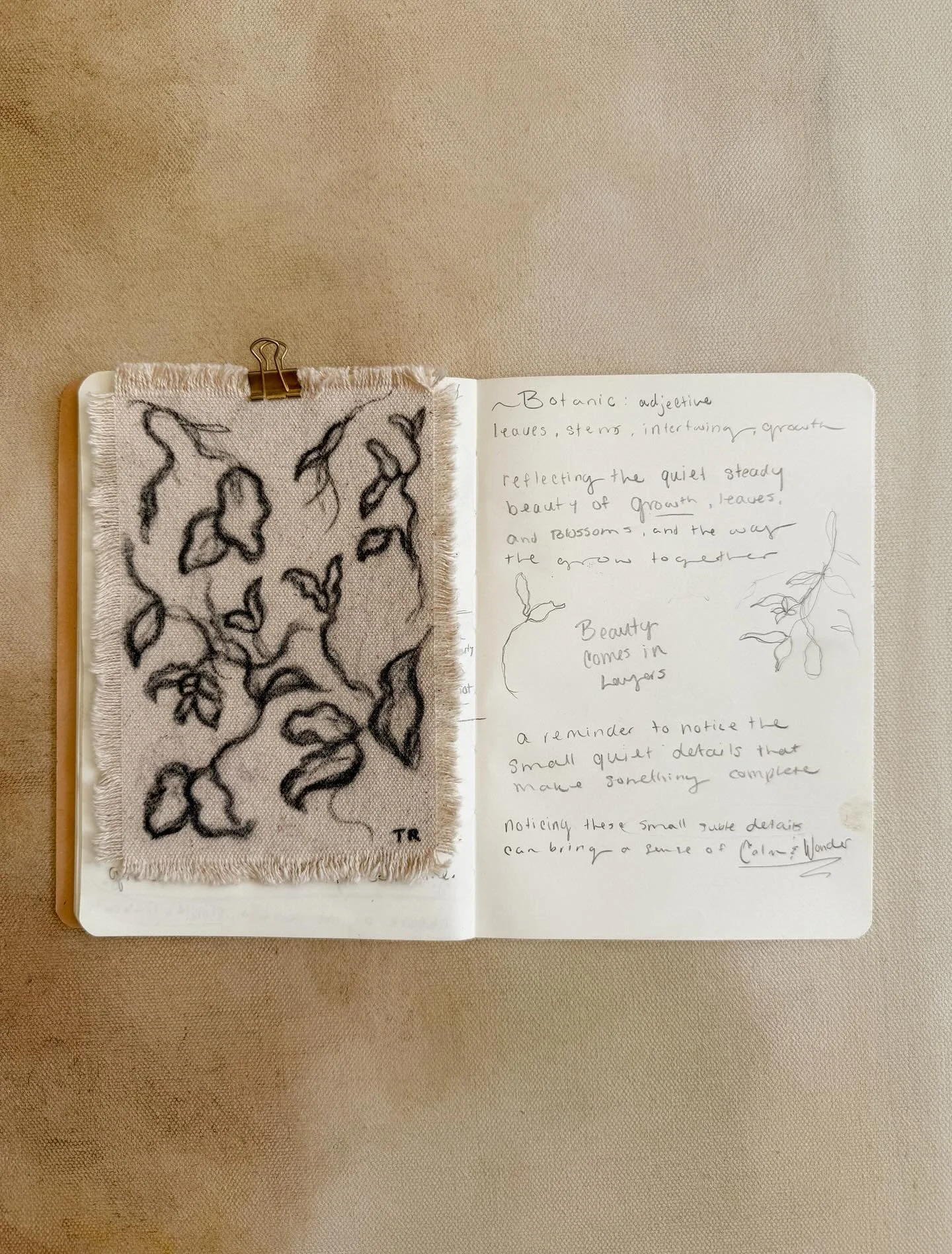 When I first sketched this piece, I was noticing how leaves and stems lean into one another, how tiny petals rest side by side. These marks are delicate and intertwining, a reminder of how even the smallest details bring beauty.

This sketch is still