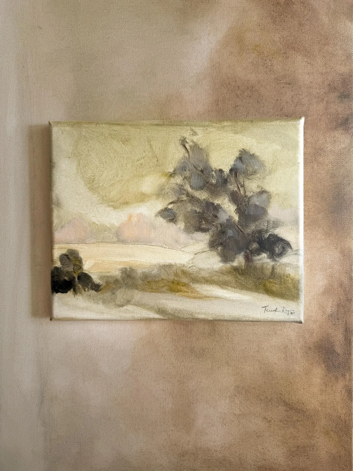 Muted greens and soft neutrals come together with the faintest hint of pink in the center.  I love how gentle this one feels. The light, airy brushstrokes feel so soft and inviting. I love how this one brings a quiet warmth wherever it&rsquo;s hung, 