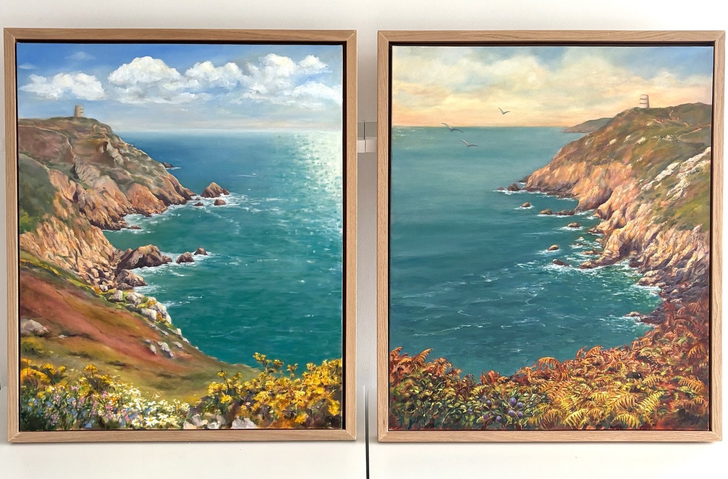 Sometimes I do commissions! 
Its always nerve wracking painting for someone else, but happily these clients liked my style and were happy for me to interpret their vision for a pair of south coast cliff scenes looking east and west to the Prevote wat