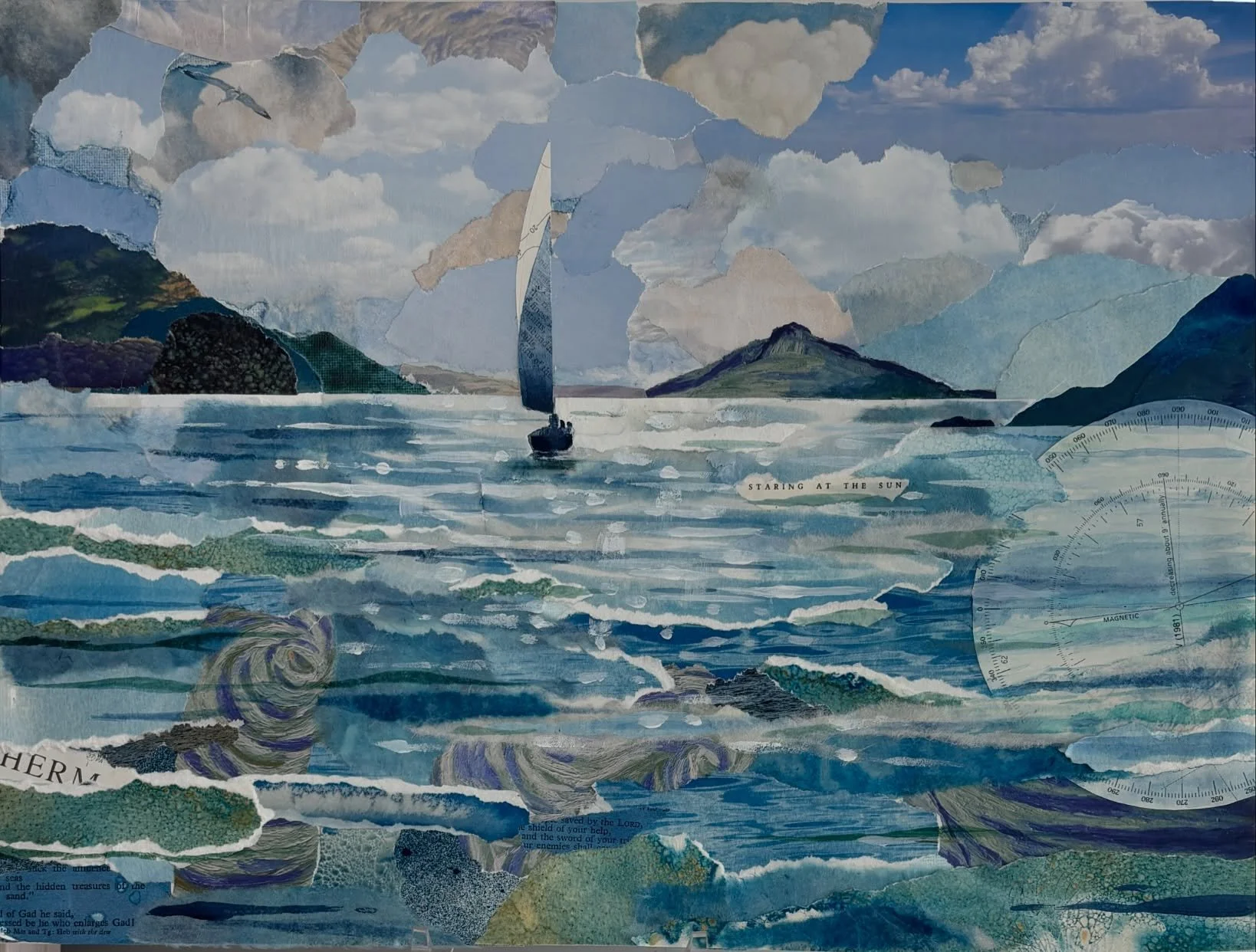 A couple of weeks ago I did a collage workshop with @louisehillart. It was a very mindful process, I do recommend tearing up pieces of paper!
I made a collage version of my Jethou Sparkle painting, using charts, cyanotype rejects and magazine tearing