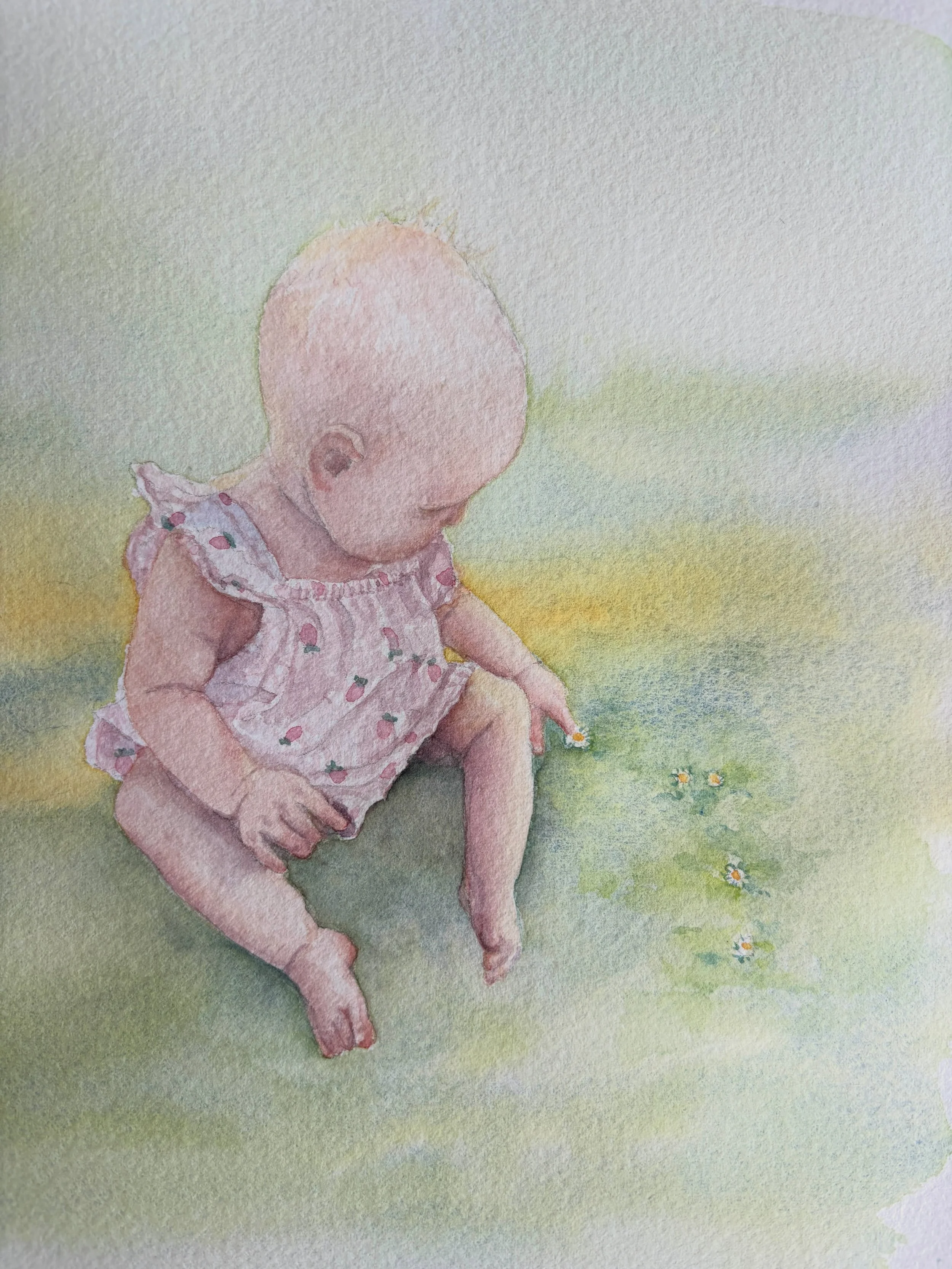 It was my eldest daughter&rsquo;s birthday last week and I painted her baby as a gift. Said baby is very happy with her portrait and enjoys looking at herself 🥰
Loved painting those crease lines on her chubby little legs 🥹

#guernseyart #watercolou