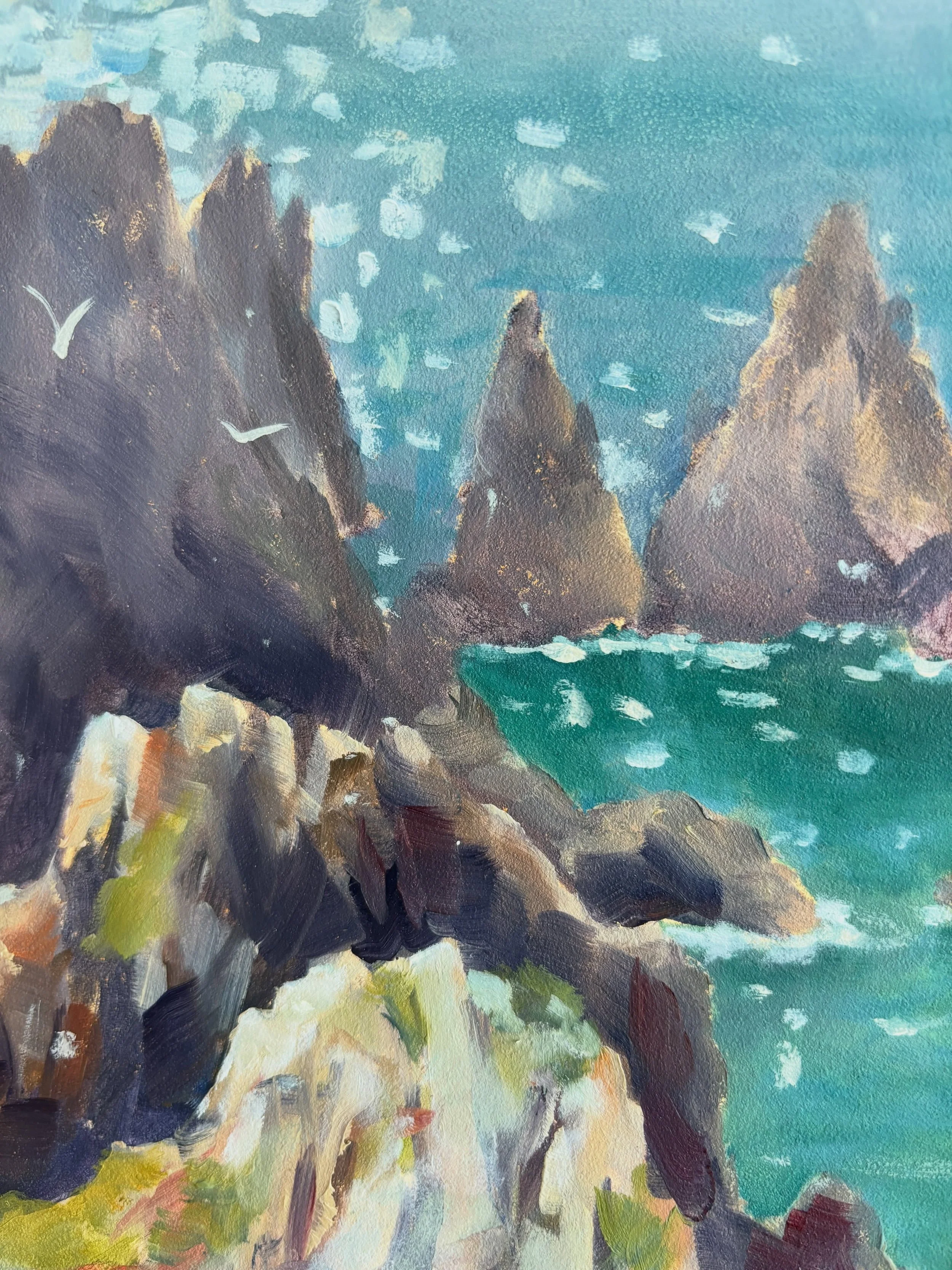 The Peastacks!
It was a beautiful sparkly day earlier this month; I had a lovely time painting on the cliffs with @jennyaitkenart 
I tweaked this plein air study a bit and added some birds&hellip; 

#guernseyart #cliffpainting #guernseylife 
Rocks se