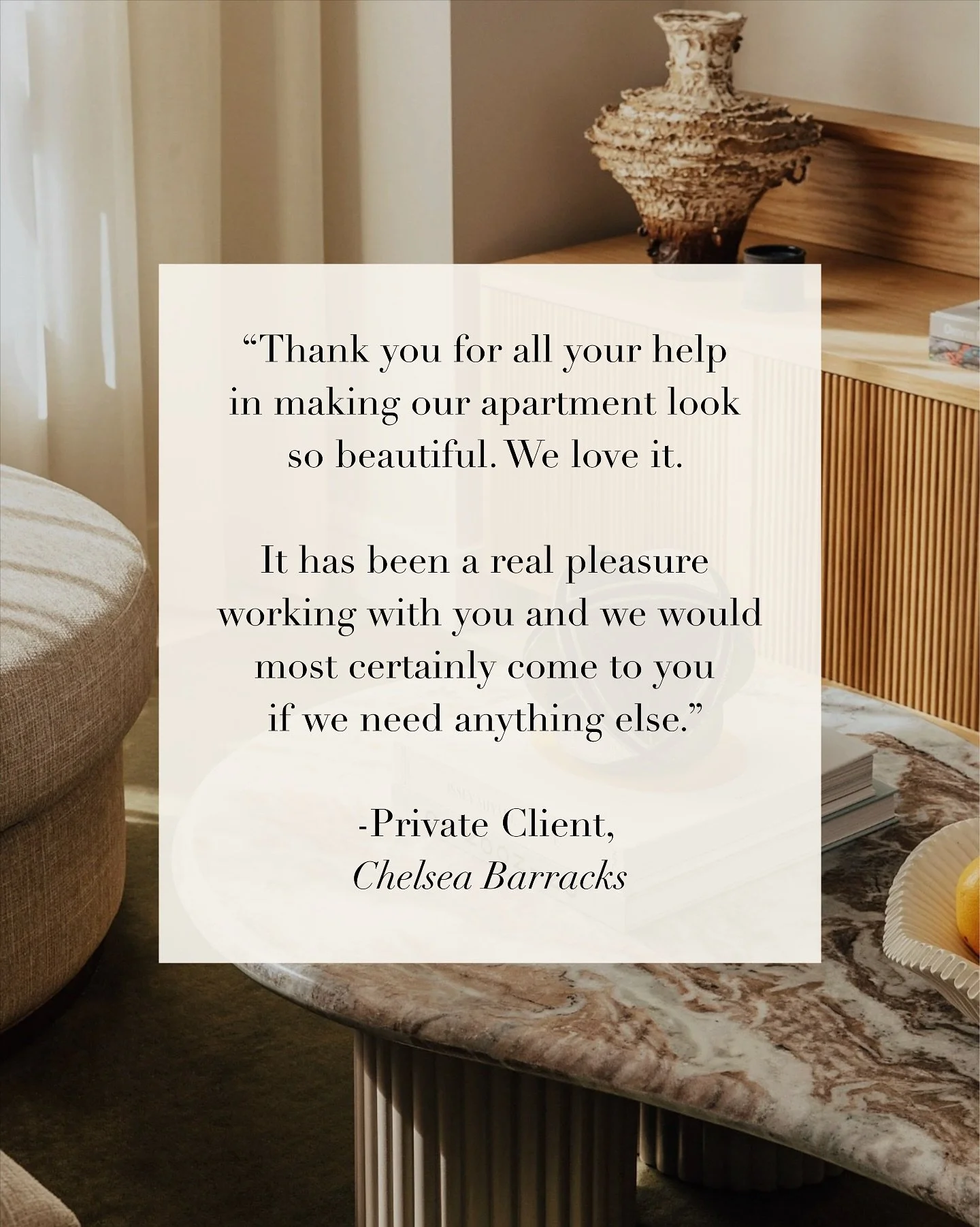 A glowing review from a recent private client at Chelsea Barracks 🤩
This client trusted our team to bring their vision to life with care, precision and discretion. We’re always proud to have played a role in making a dream home a reality.
If