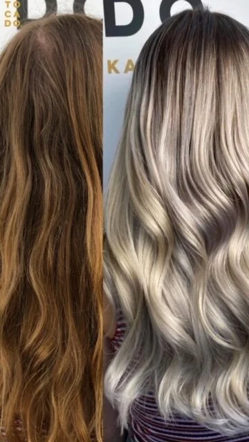 Een voor- en achterkant van een haarstijl met bruin haar aan de linkerkant en gekleurd blond haar met slag aan de rechterkant.