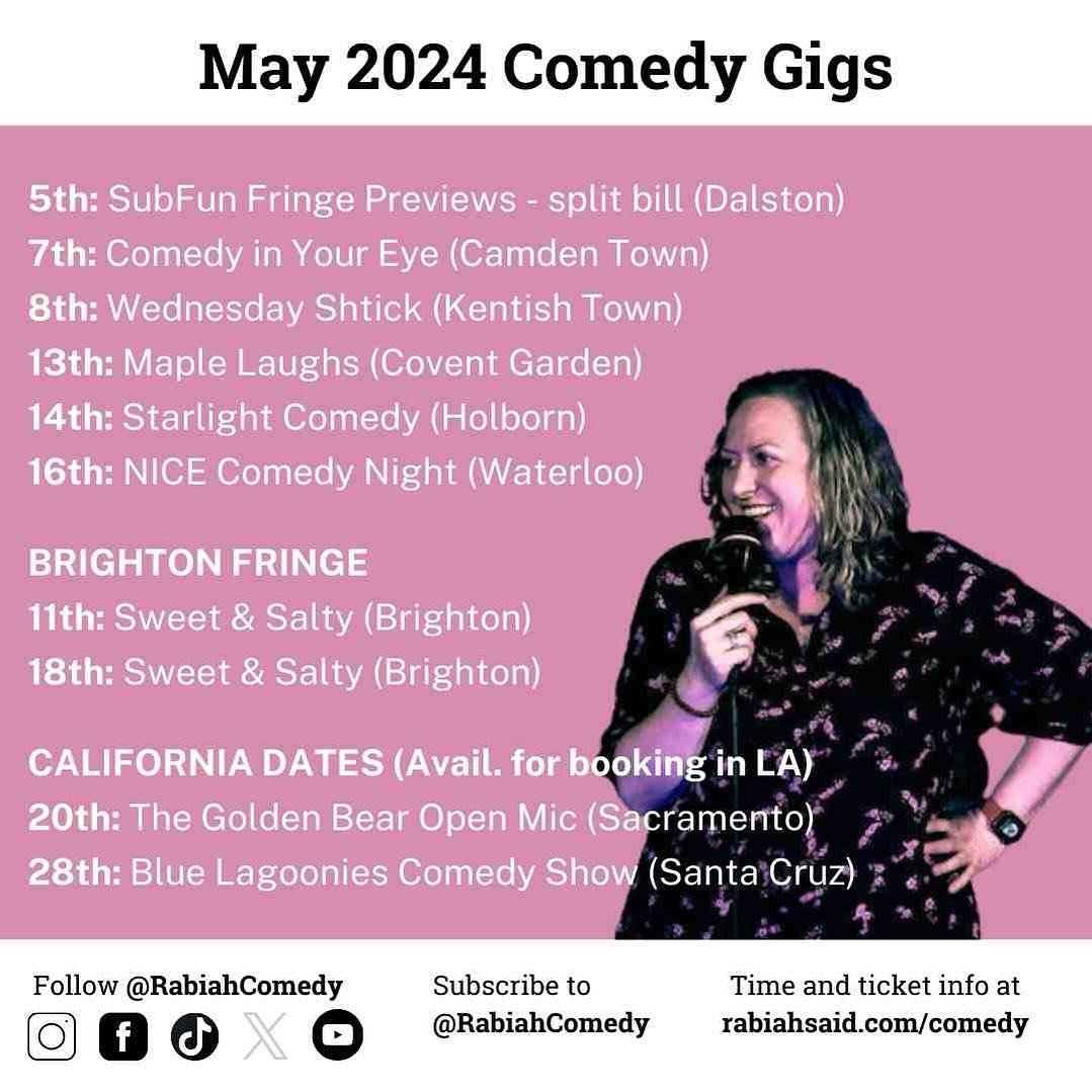 It&rsquo;s May, the month my age increases as does then inner if cities you can see me in. Hoping to add an LA date too. Check out these gigs! Calling your attention to the 5th when I perform in a Fringe preview show in Dalston and the 11th and 18th 