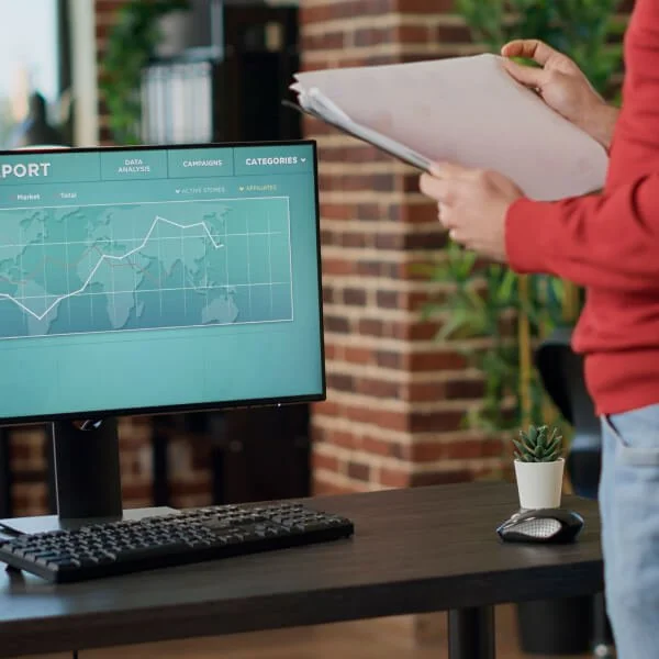 Un homme analyse un écran d'ordinateur affichant un graphique lié à l'alignement d'un dossier de présentation avec une logique d'évaluation.