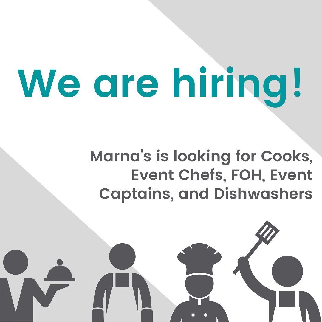 📋WE ARE HIRING!📋

Lots of positions open at @marnascatering and @marnaseaterylounge! If you enjoy working with a team in a fun and friendly environment, then we want to meet you!

Please email resumes to carlos@marnascatering.com or send us a DM on