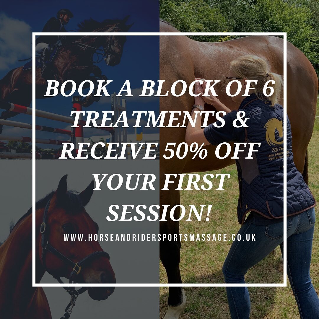 🐴 BOOK A BLOCK OF 6 TREATMENTS &amp; RECEIVE 50% OFF YOUR FIRST SESSION! 🐴

As I am becoming increasingly busy I am now offering block booking and advance scheduling of appointments for all maintenance treatments. This way you know your horse will 