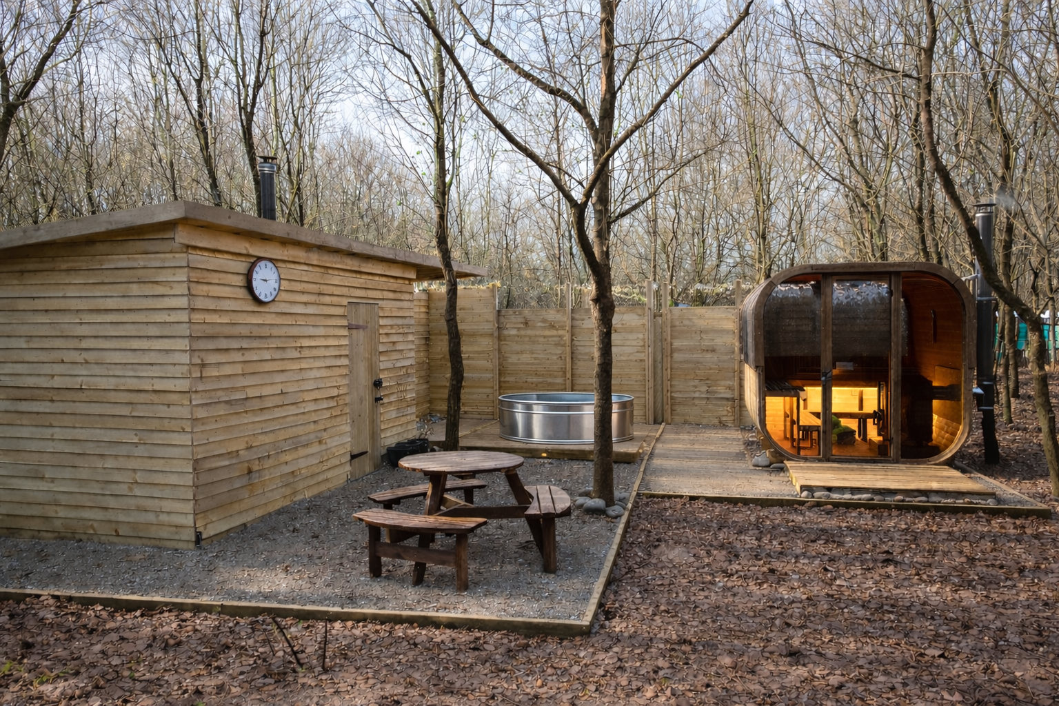 Wood-fired sauna glowing at Fire & Stars Woodland Sauna