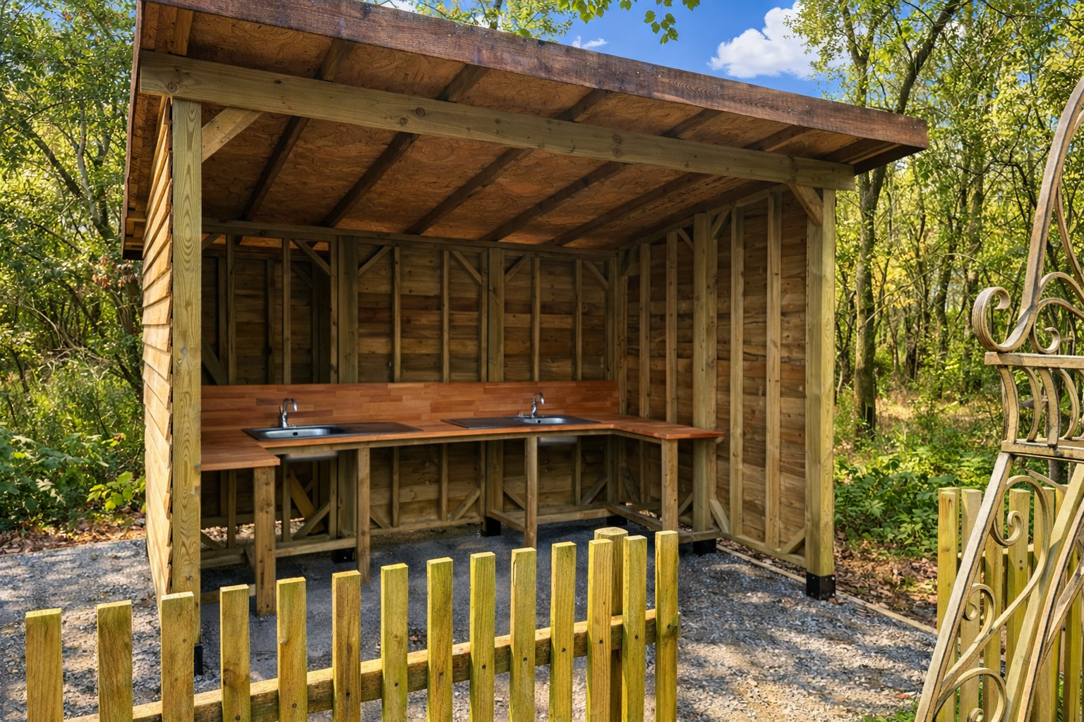 Sheltered woodland wash station with two sinks at Fire and Stars Woodland Camping