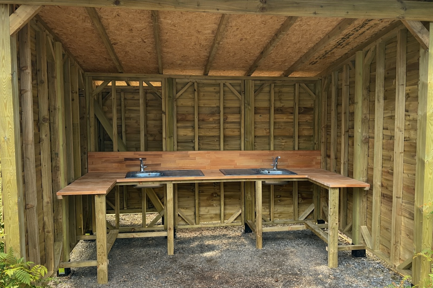 Two hot and cold water sinks inside the sheltered woodland wash station