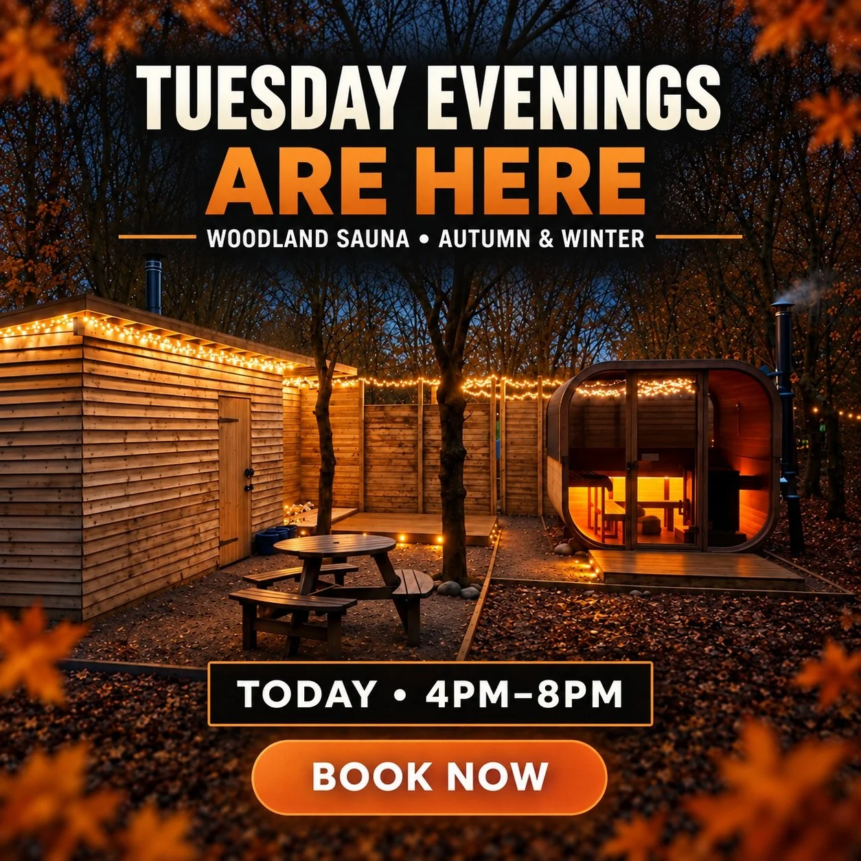 Tuesday evenings are here 🔥

Starting today, our Woodland Sauna will be open every Tuesday evening throughout autumn and winter.

Tonight&rsquo;s 60-minute sessions:

🔥 4pm
🔥 5pm
🔥 6pm
🔥 7pm

Set among the trees, with wood-fired heat, cold plung