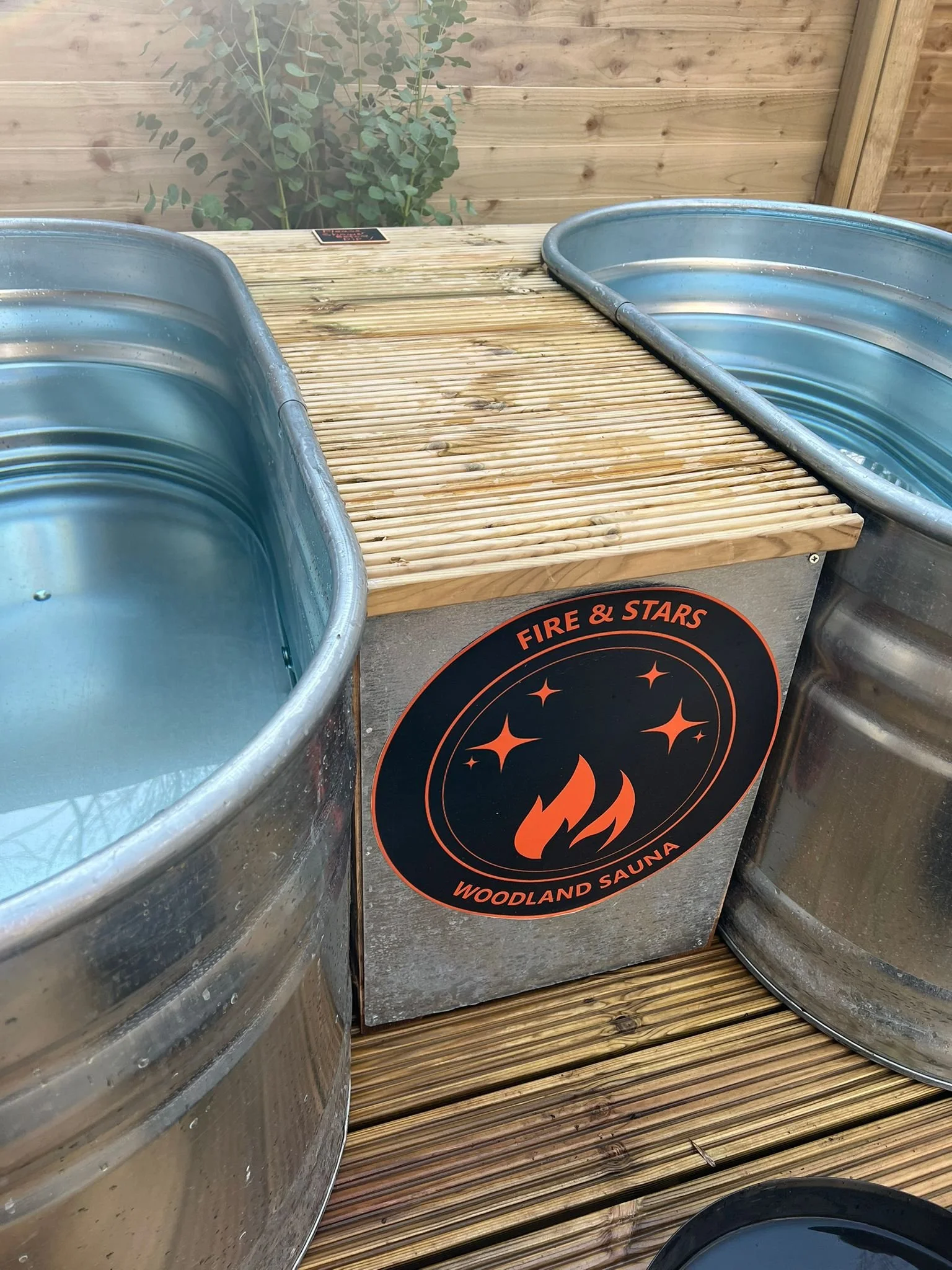 Outdoor backyard scene with a wooden deck, a black bucket, a metal tub filled with water and a yellow rubber duck, and a wooden privacy fence with trees and a cloudy sky in the background.