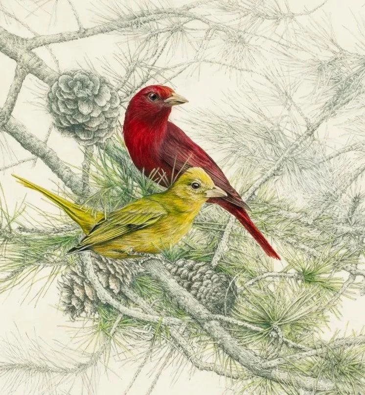 Hidden in the Pines - Summer Tanagers