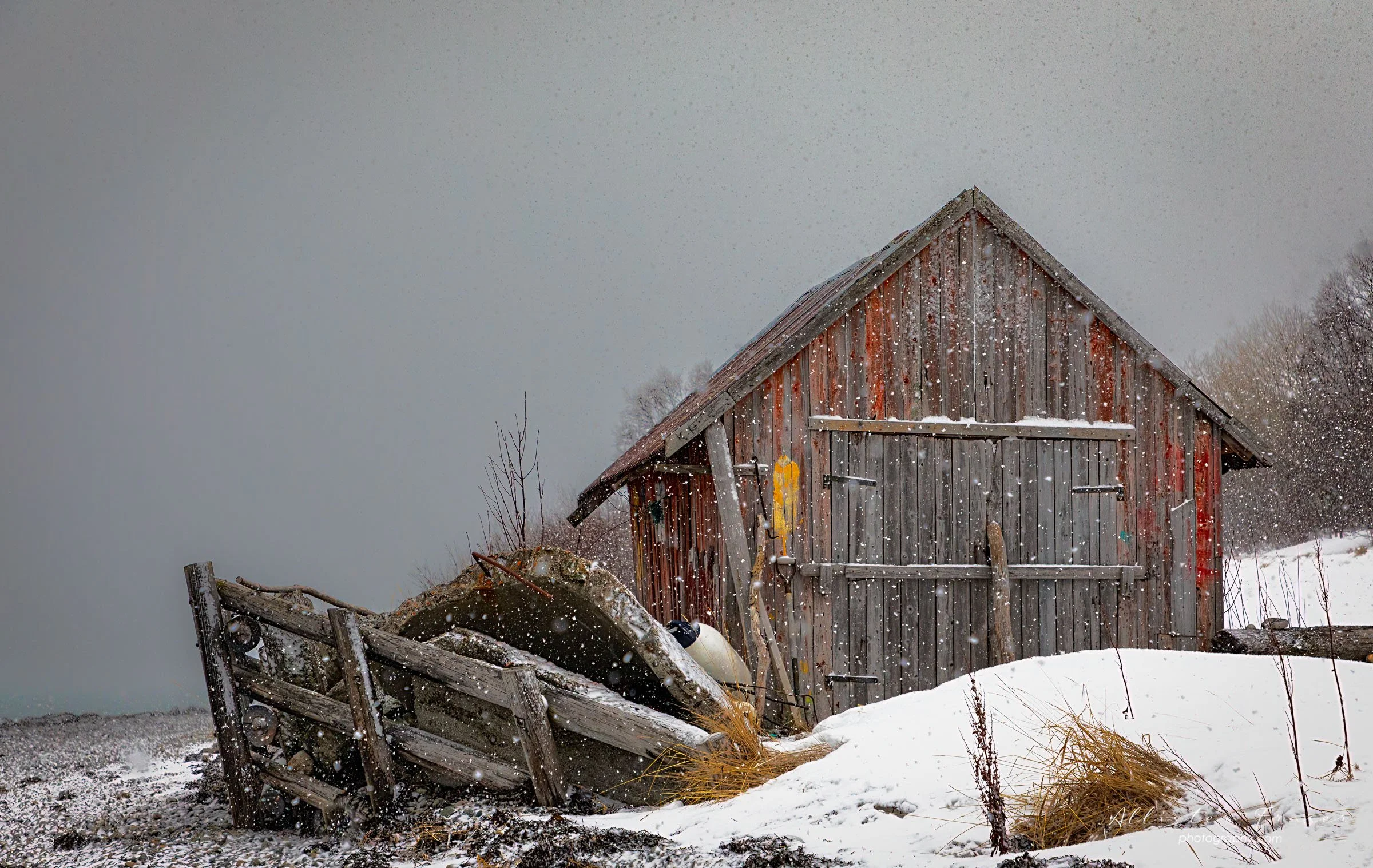 morning snow shower at the fjord-side reindeer hut