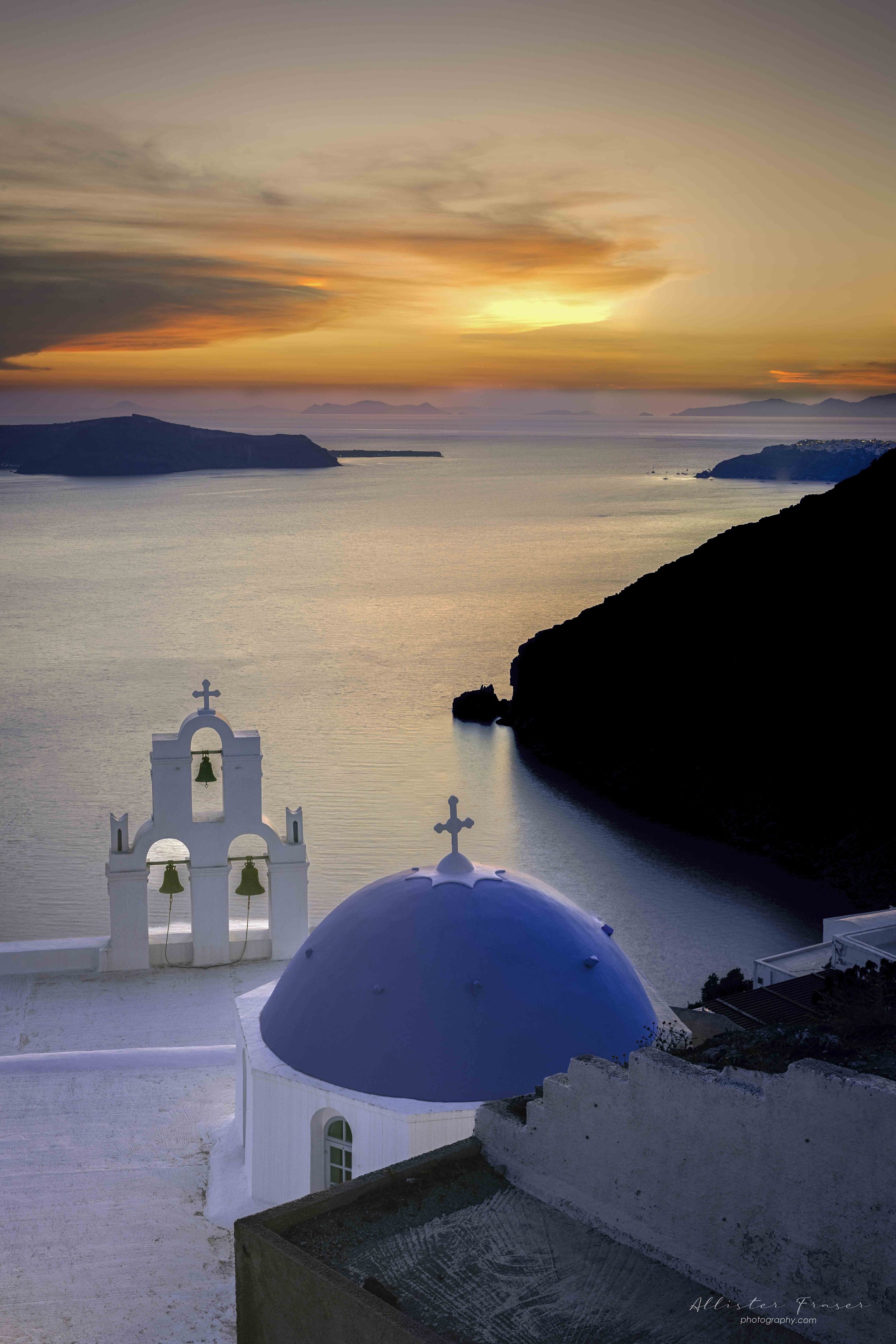 sunset from upon high in thira