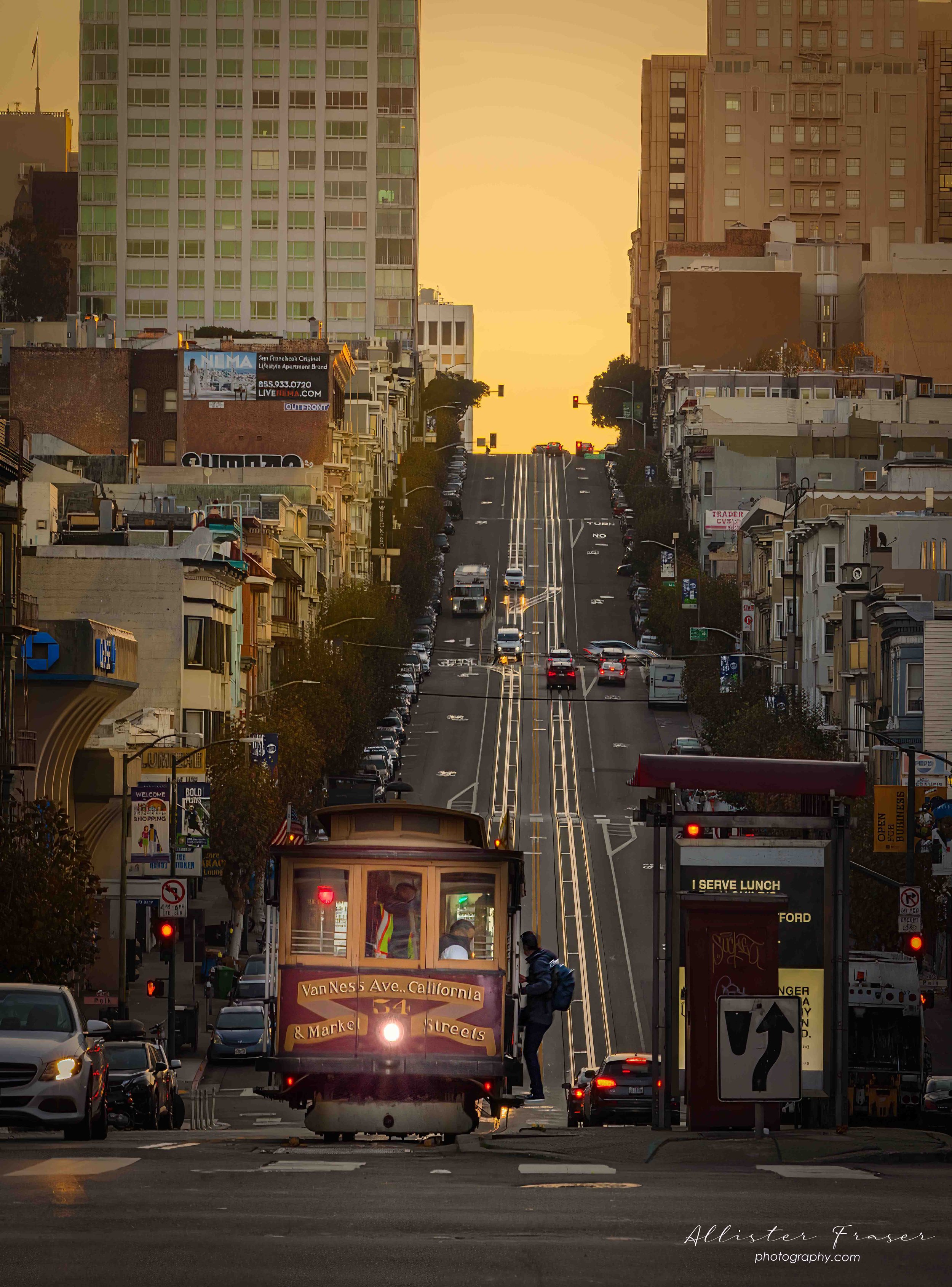 alighting the first morning tram at California street terminus