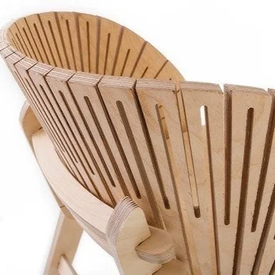 A wooden chair with slatted backrest and seat, constructed from thin wooden slats.