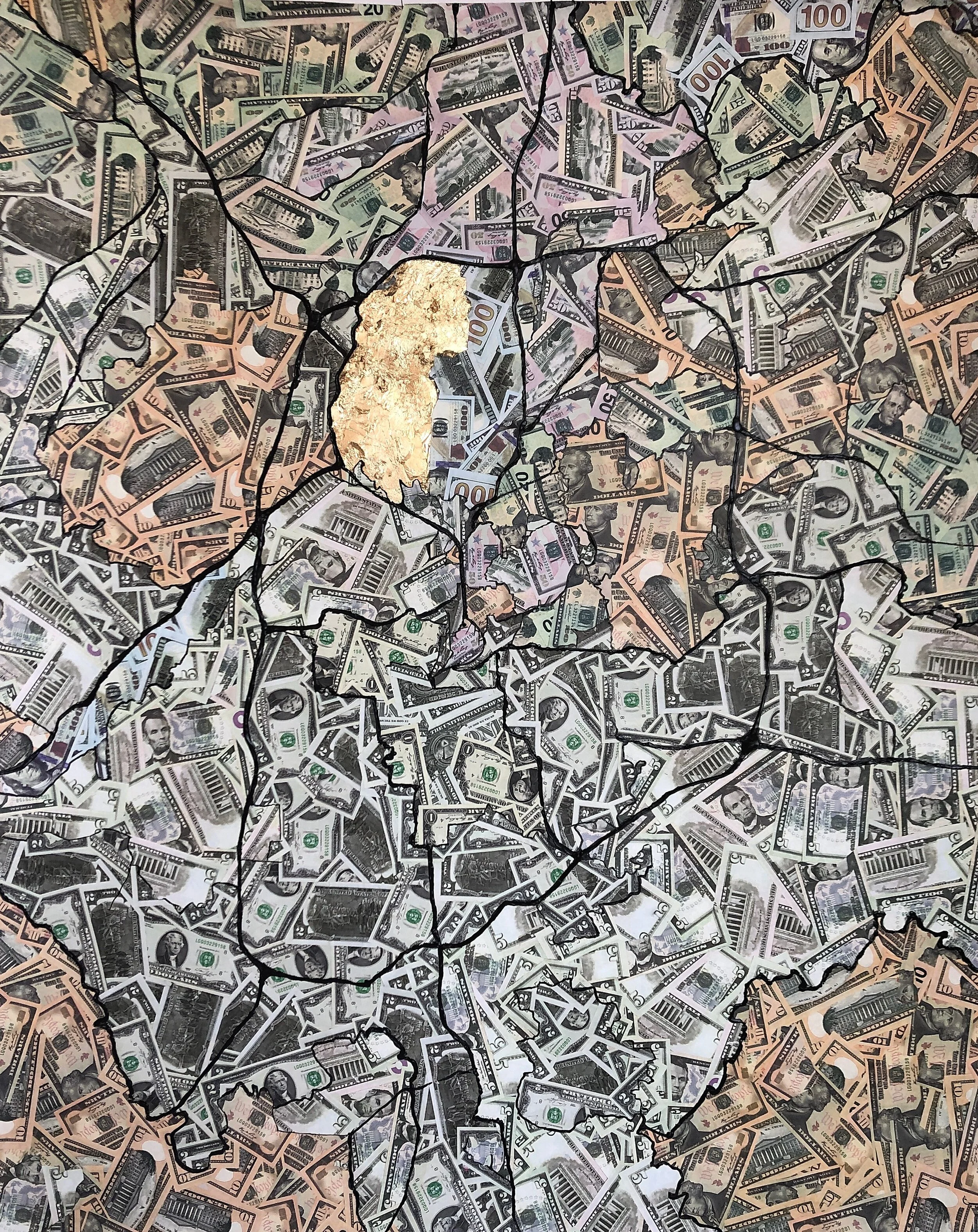 Map of the state of Kentucky outlined with black lines, filled with various denominations of U.S. dollar bills.