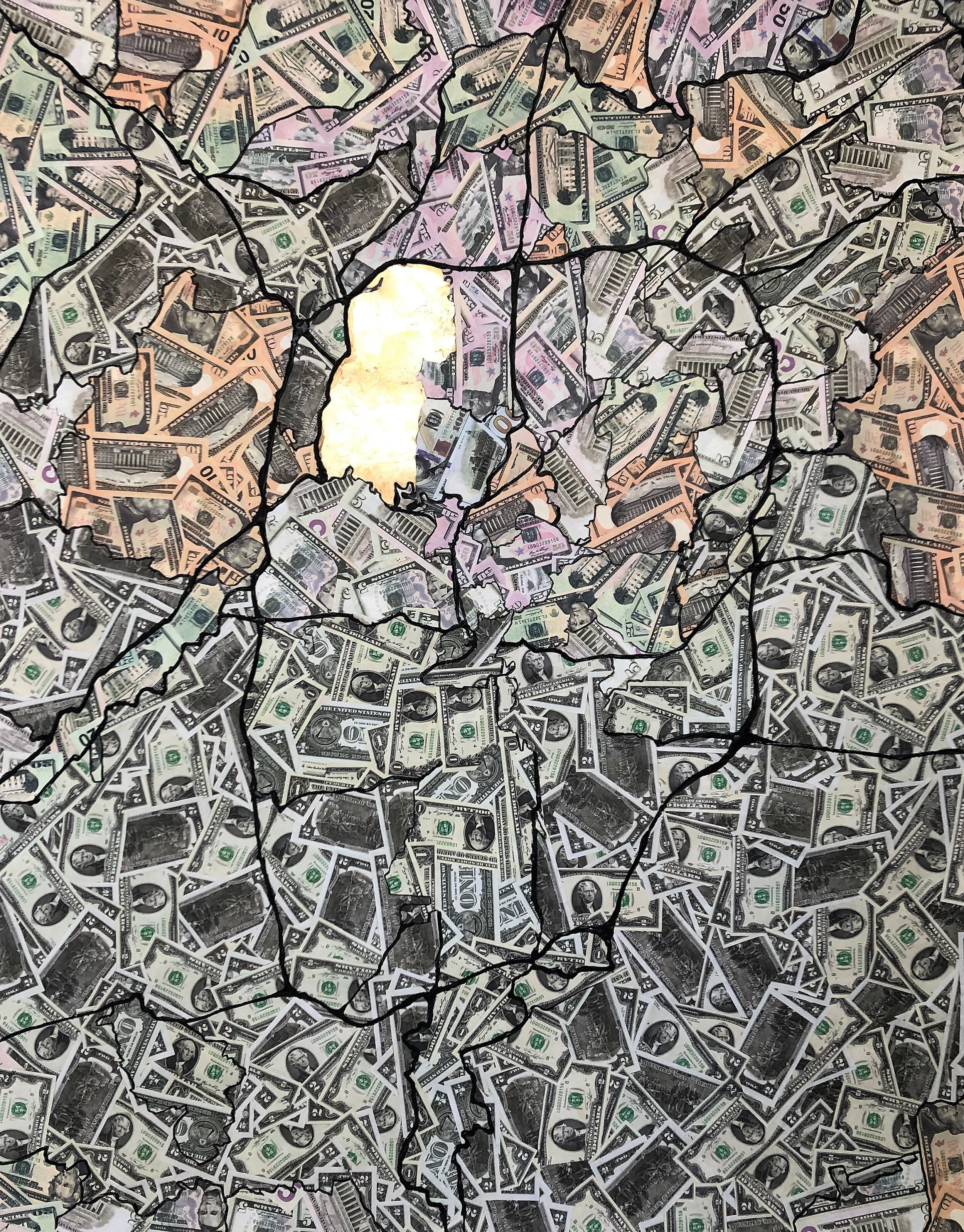 A collage of various U.S. paper currency notes, primarily dollar bills, arranged with black cracks running throughout.