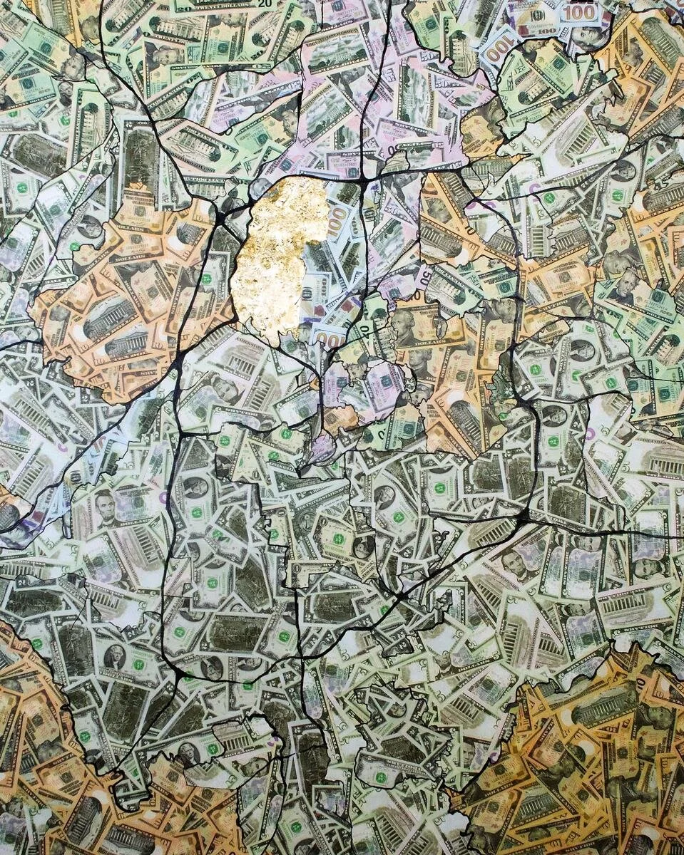 A map of the United States outlined with black lines, filled with numerous overlapping and scattered $100, $50, and $20 bills.