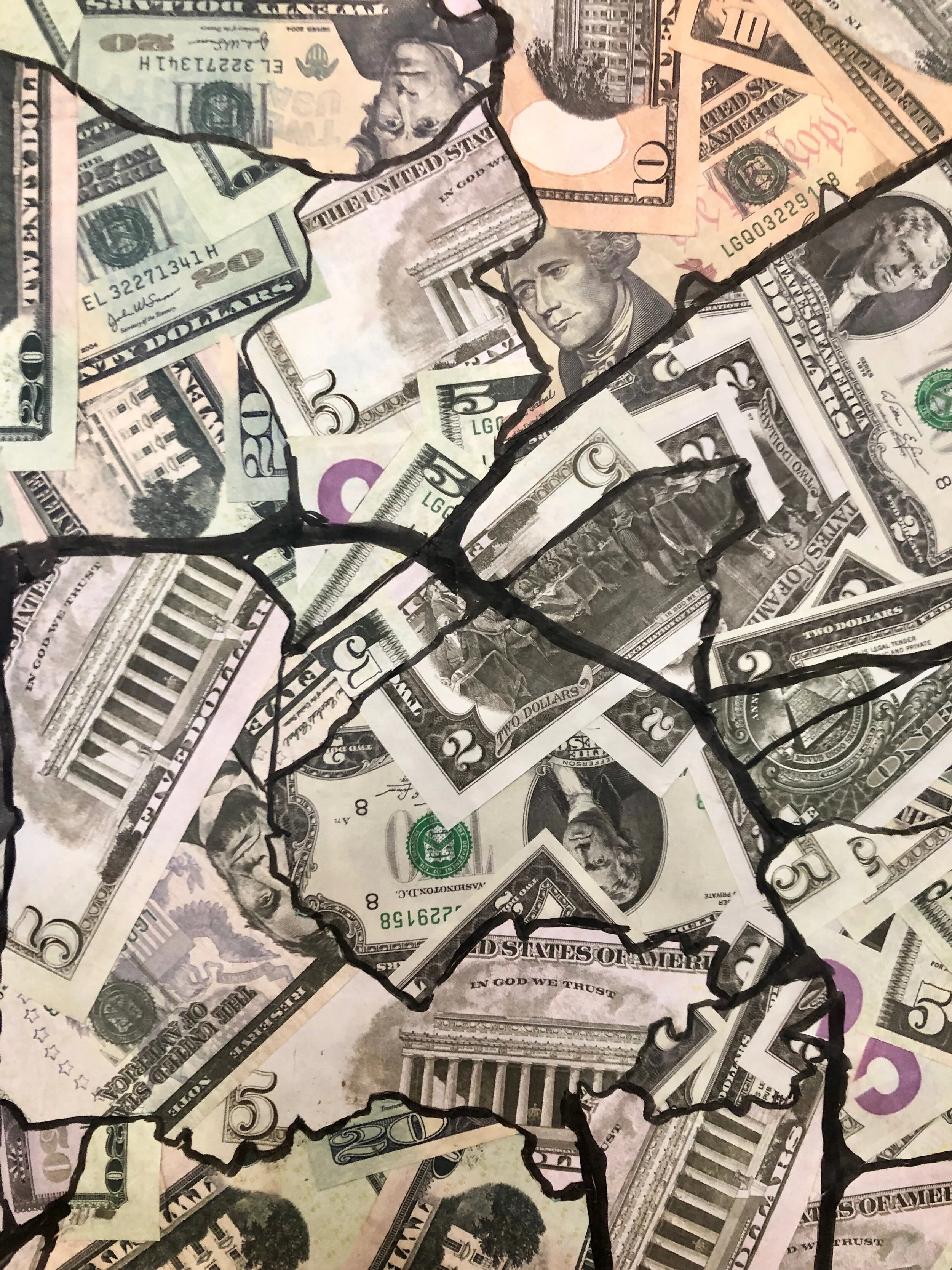 Broken glass piece on scattered U.S. dollar bills, with a silhouette of a bird outline.