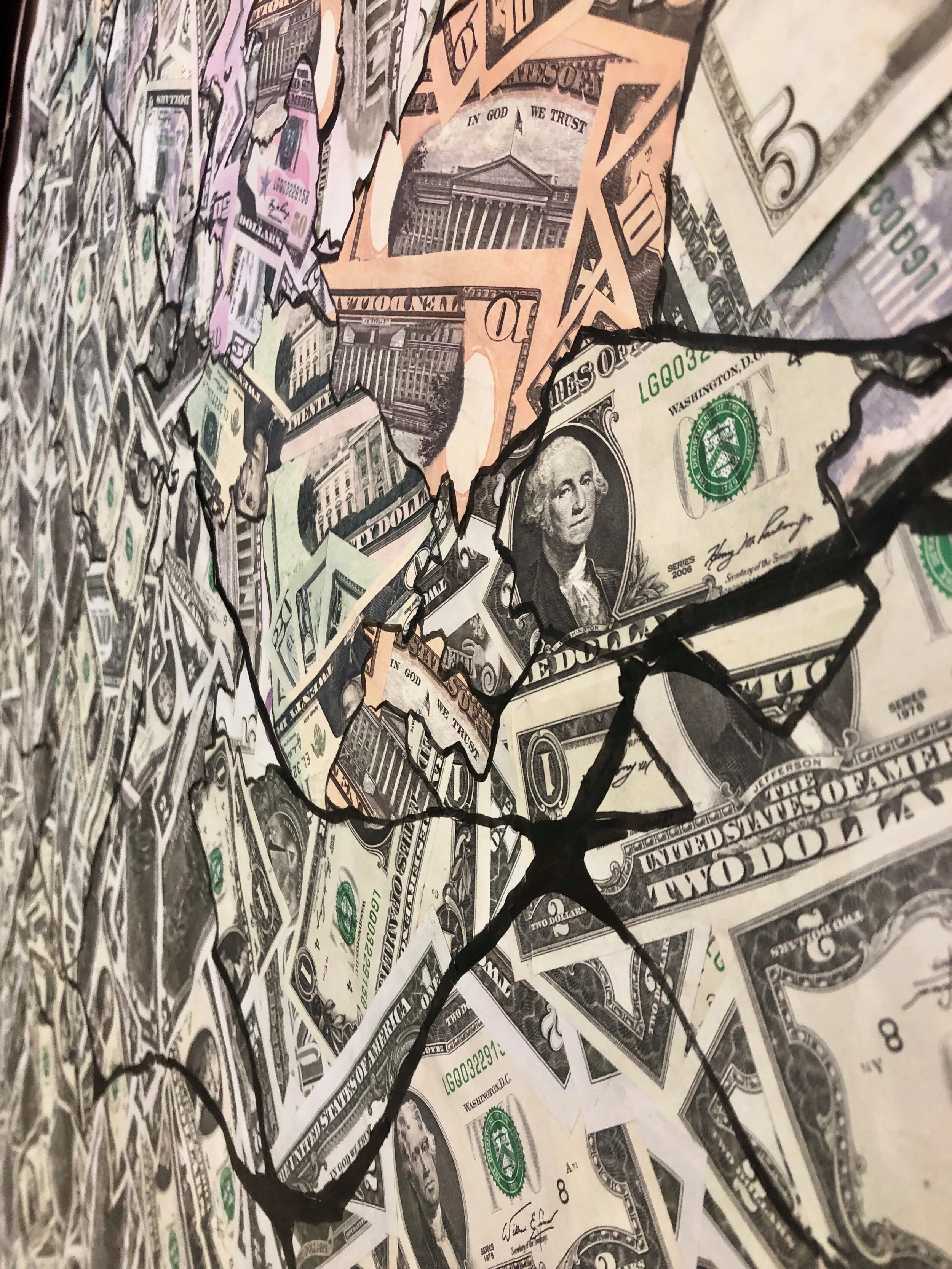 A collage of torn and layered U.S. dollar bills, featuring various denominations including $1, $10, and $20 bills, with some black lines drawn across the surface.