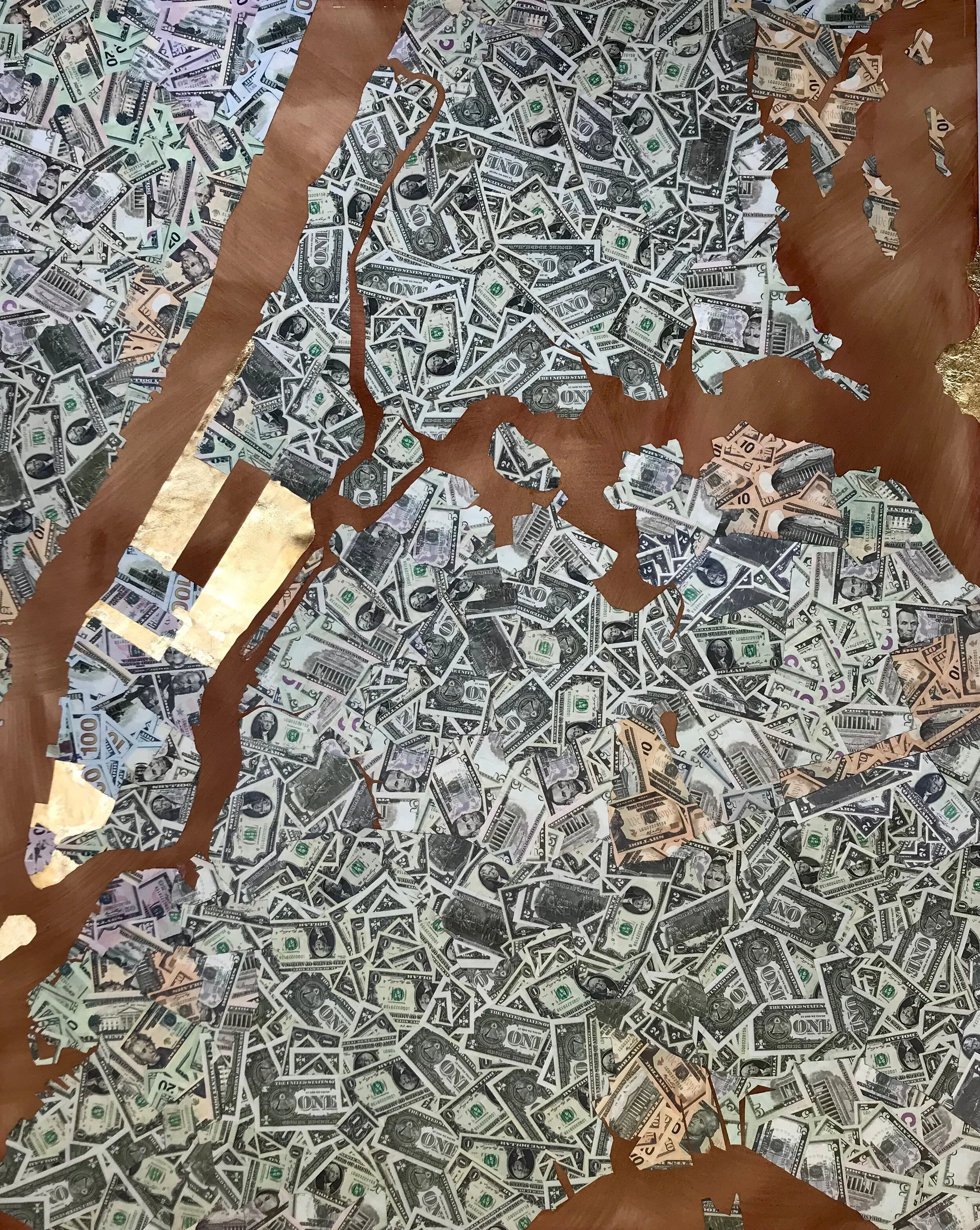 Worth of NYC an abstract map of New York City made out of American Currency by Chicago based conceptual Artist CoCo Ree Lemery