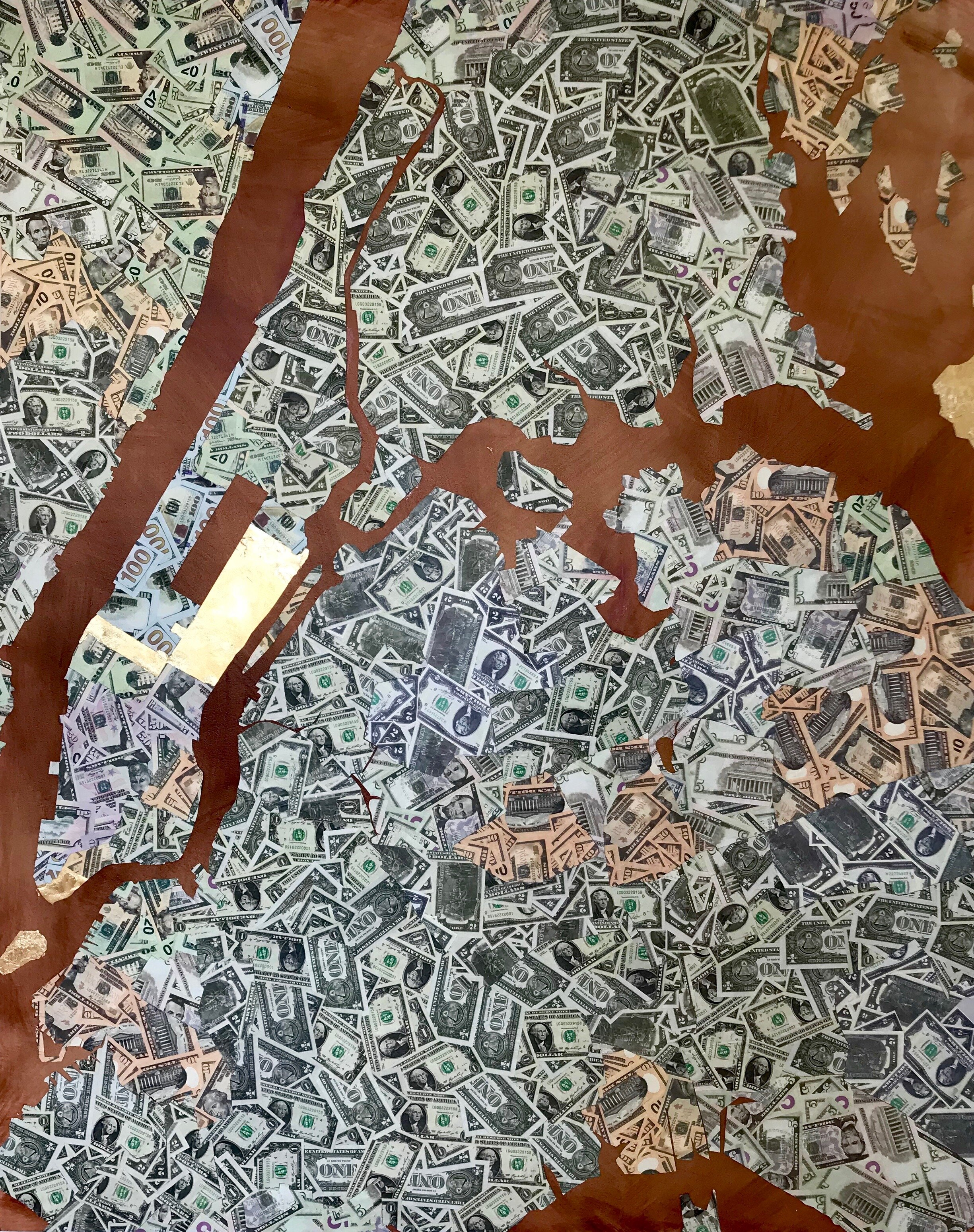 Worth of NYC an abstract map of New York City made out of American Currency by Chicago based conceptual Artist CoCo Ree Lemery