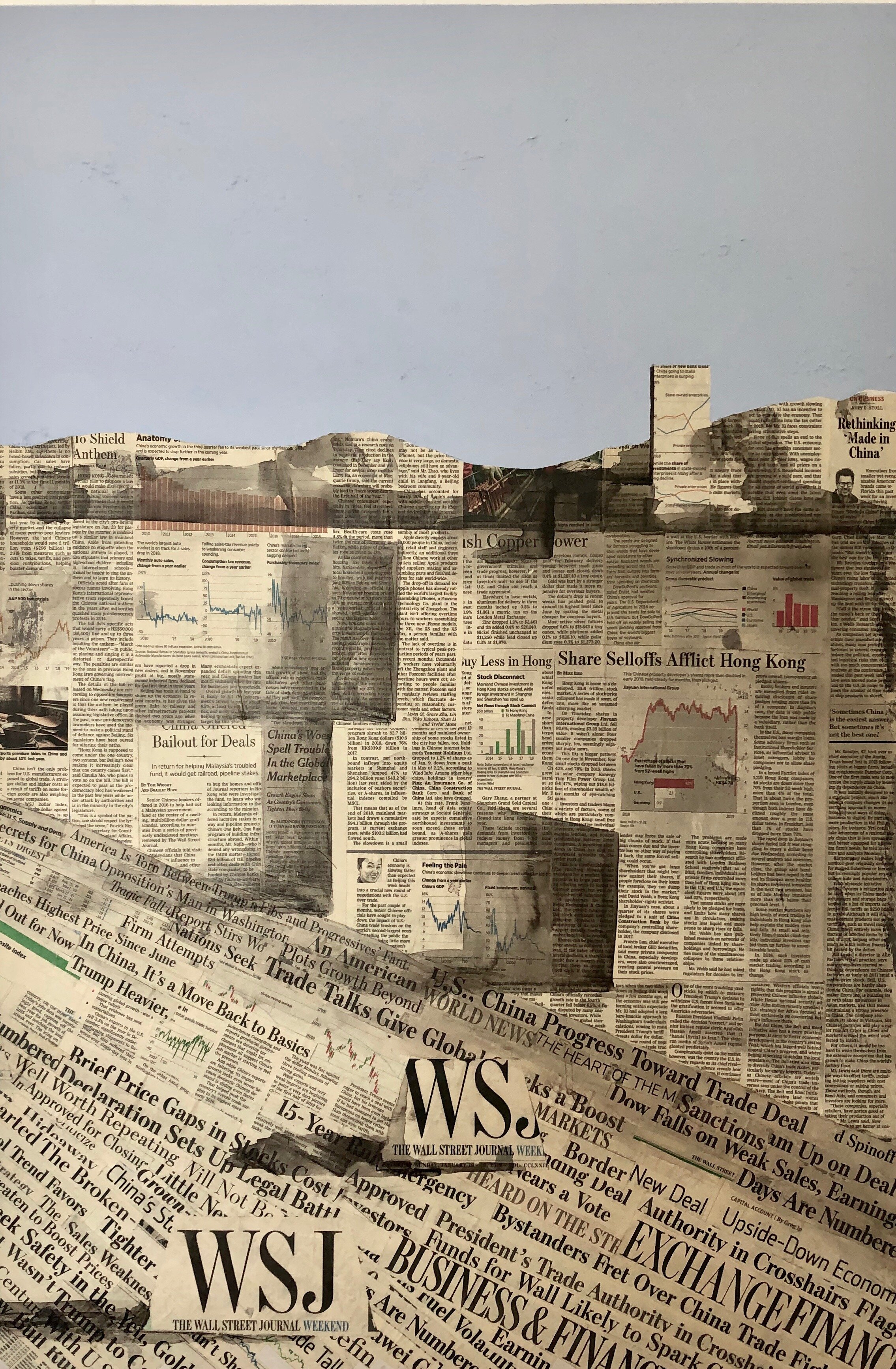 Collage of torn newspaper sections with headlines about the stock market, China, and trade deals, with a light blue sky background.