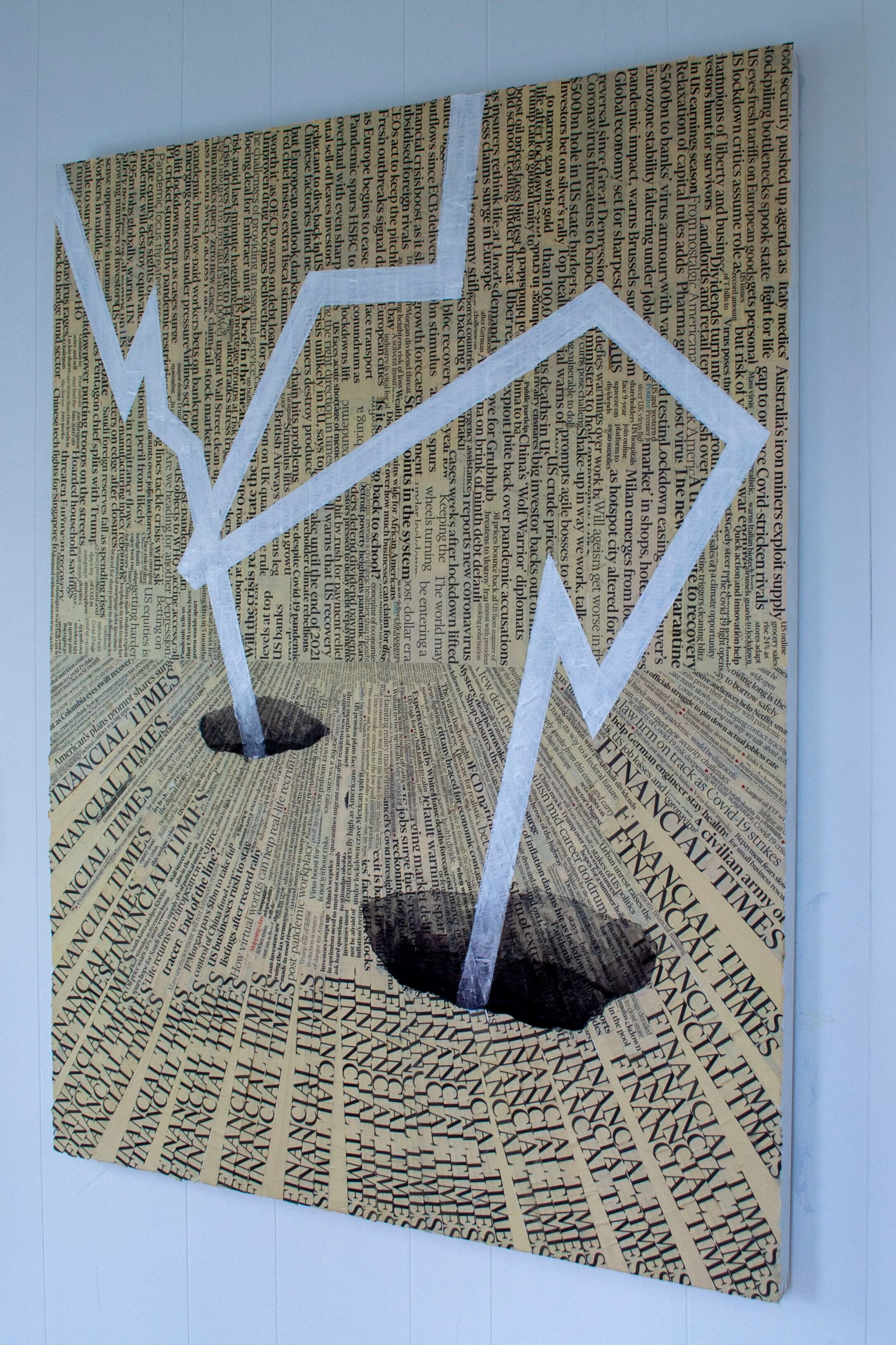 Artwork made from newspaper clippings creating a visual of an upward arrow with dollar bill images, symbolizing financial growth or increase.
