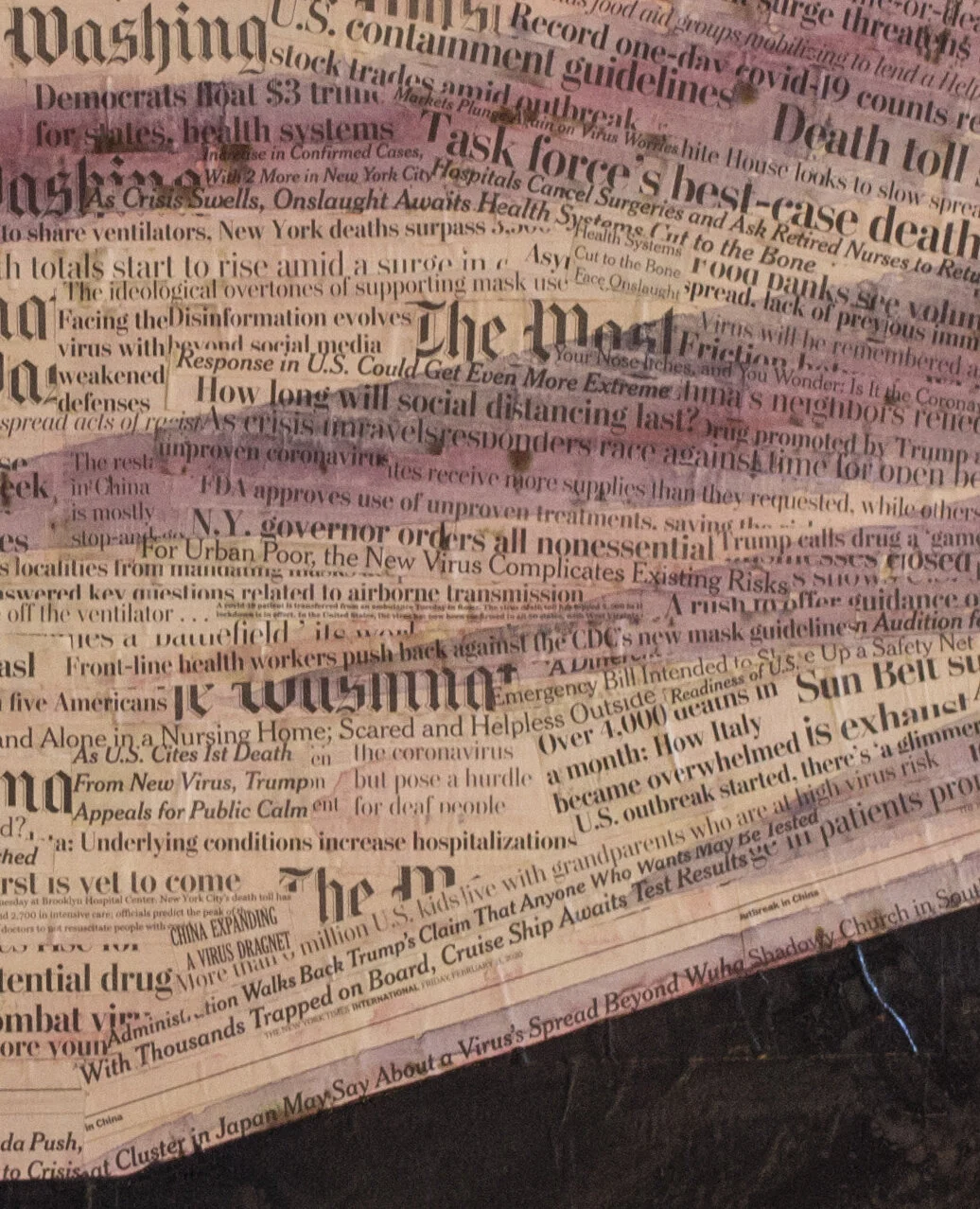 Collage of overlapping newspaper headlines related to COVID-19 pandemic, health, and politics.