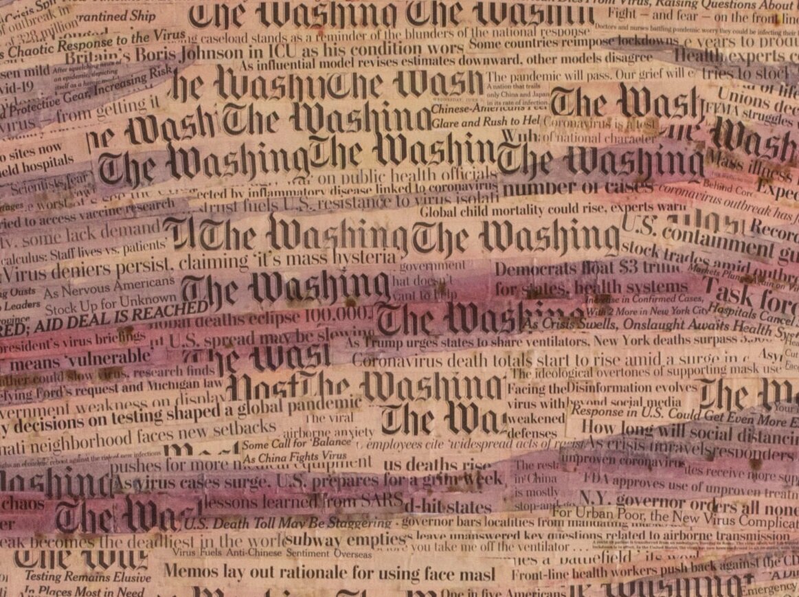 Collage of various newspaper headlines mostly from The Washington Post, covering topics related to the COVID-19 pandemic, public health, government responses, and impacts on society, with headlines overlapping each other in different font styles and 